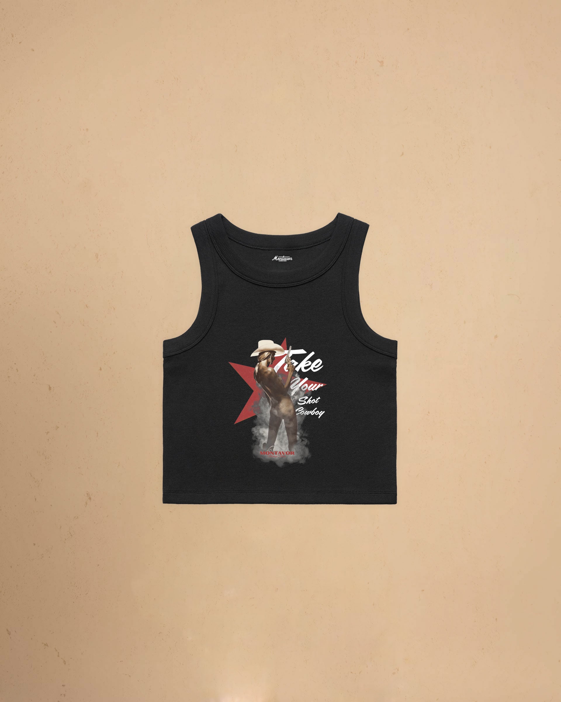 Take Your Shot Cowboy organic rib crop tank featuring a western cowgirl graphic with smoke effects and vintage western styling.