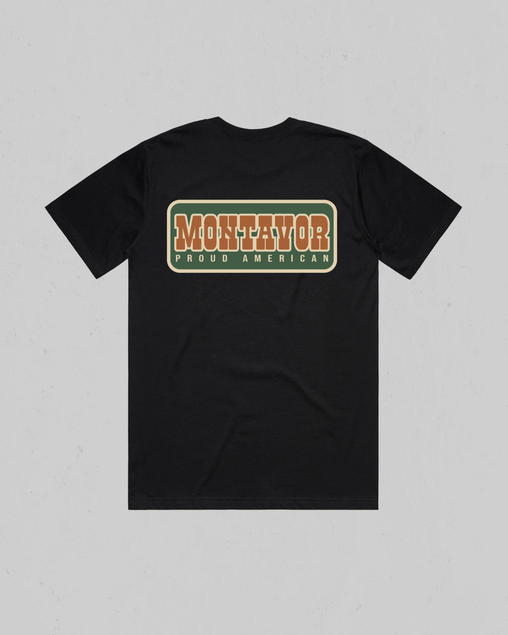 Back view of the black Montavor Proud American T-Shirt with a large retro Montavor Proud American graphic.
