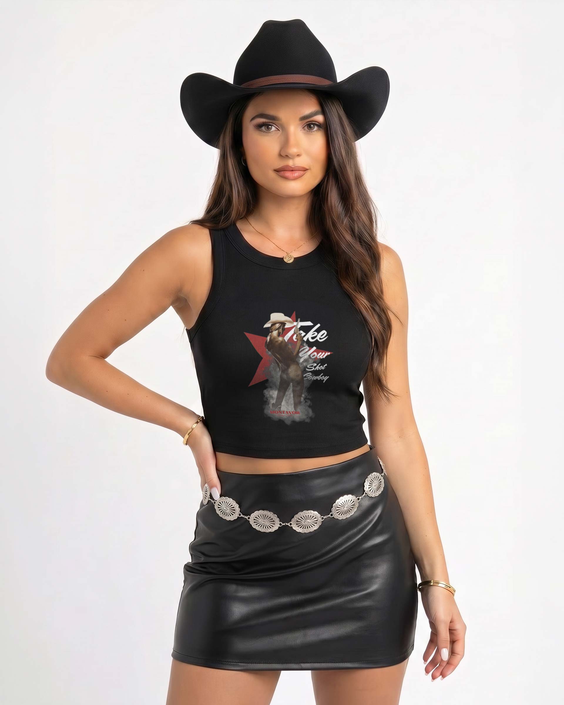 Take Your Shot Cowboy organic rib crop tank featuring a western cowgirl graphic with smoke effects and vintage western styling.