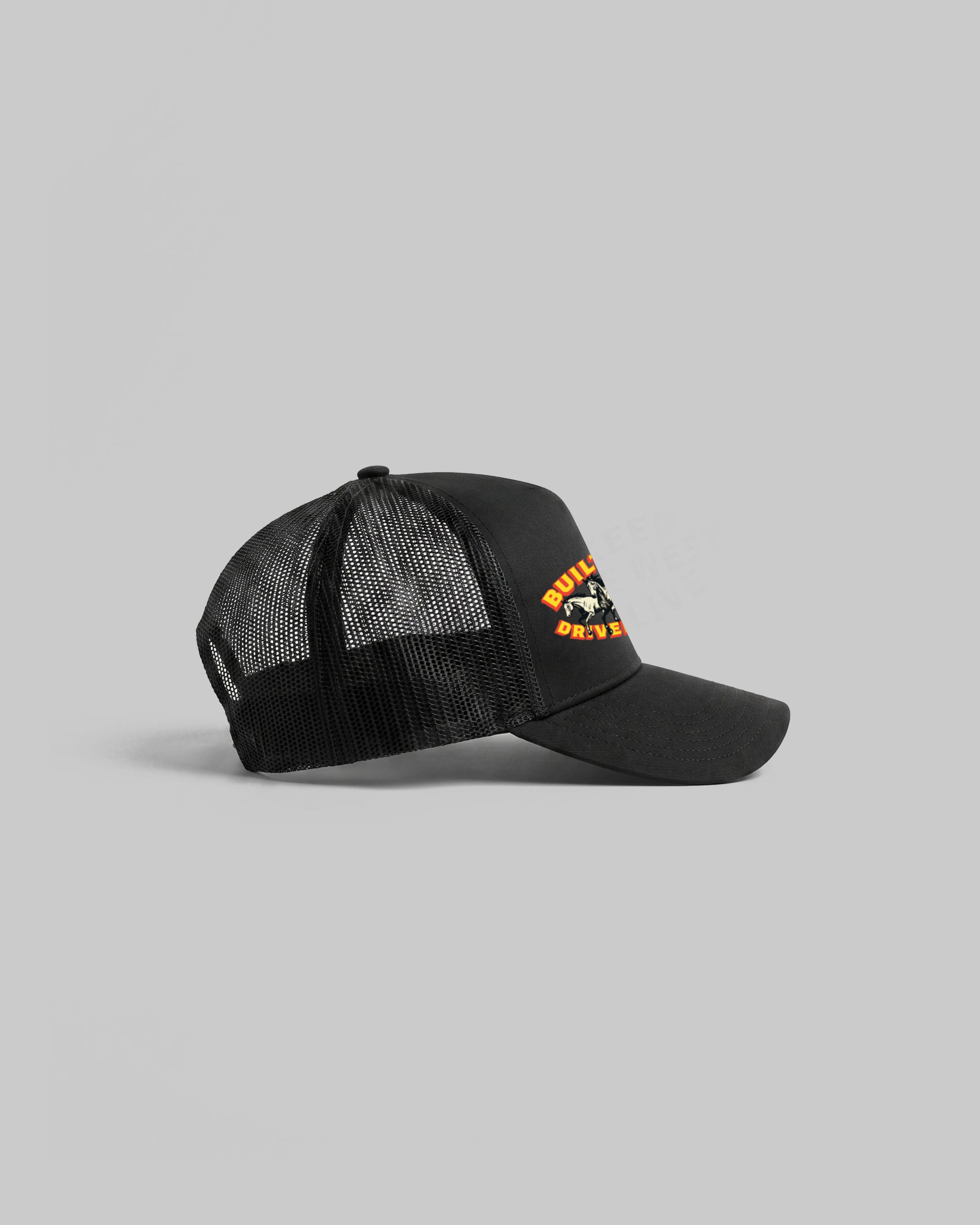 Black trucker cap with curved peak.