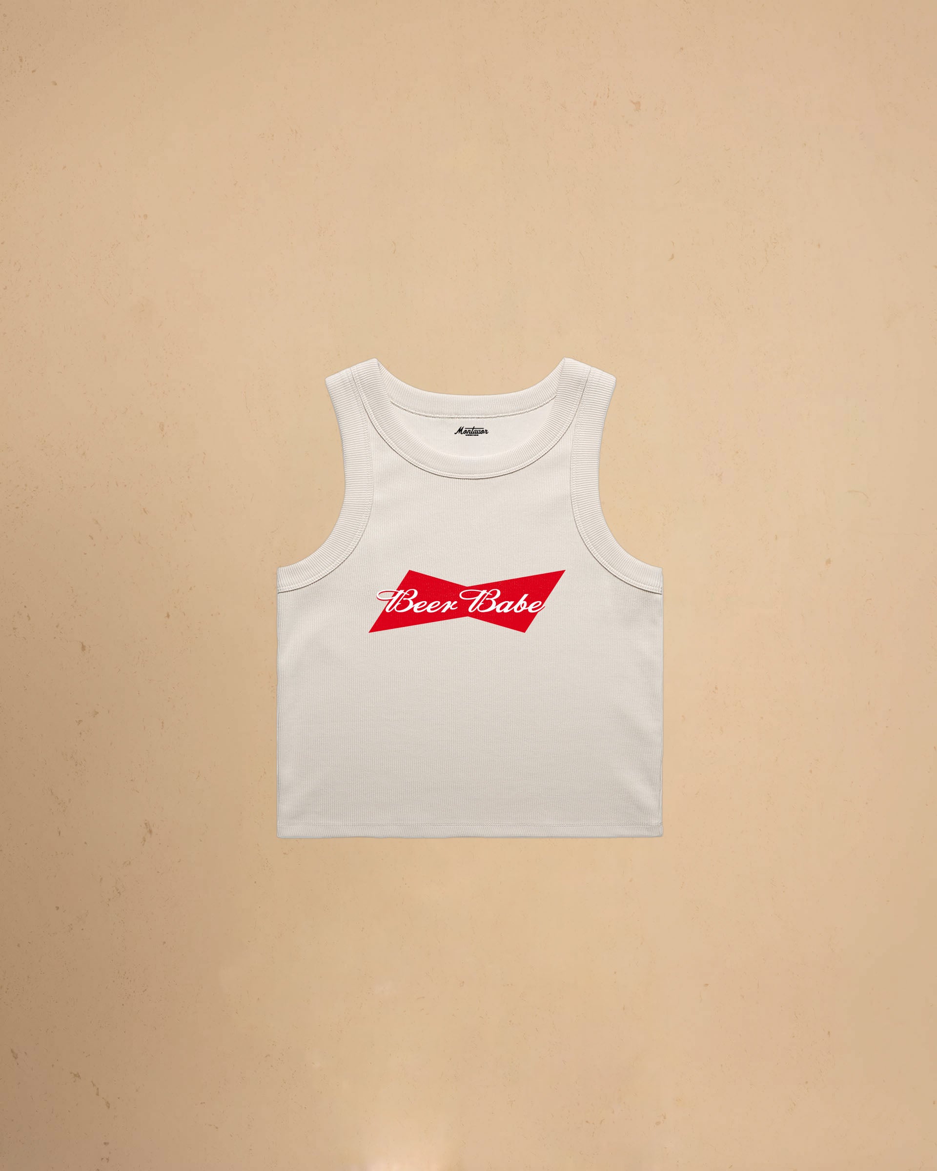 Beer Babe organic crop tank top featuring a retro-inspired beer graphic and slim fit cropped silhouette by Montavor.