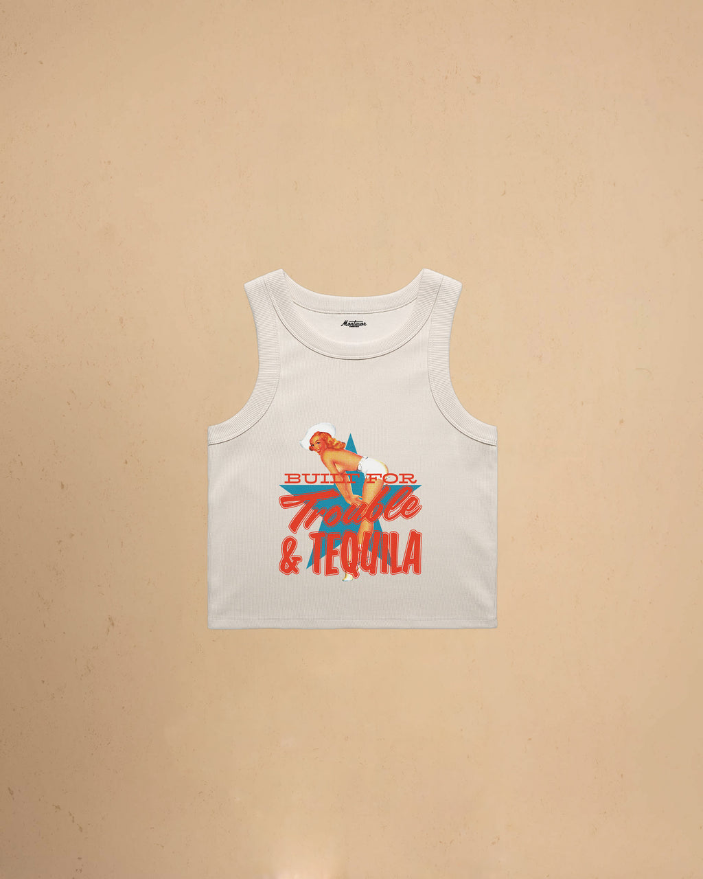 Bone Women’s Built For Trouble cropped tank top featuring a vintage-inspired Western graphic print on a premium ribbed crop tank.