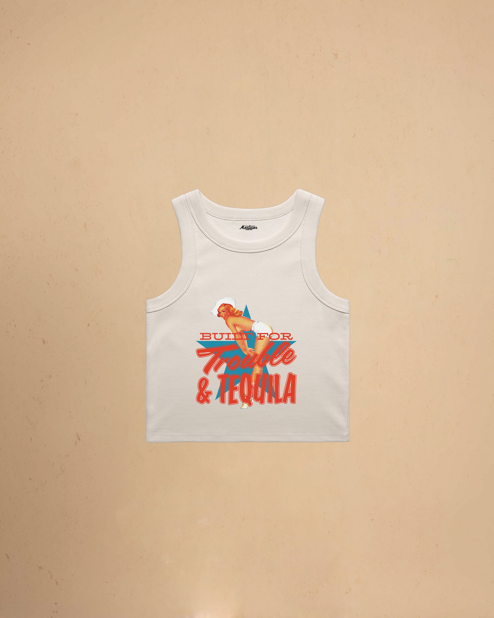 Bone Women’s Built For Trouble cropped tank top featuring a vintage-inspired Western graphic print on a premium ribbed crop tank.