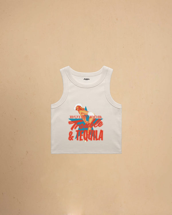 Bone Women’s Built For Trouble cropped tank top featuring a vintage-inspired Western graphic print on a premium ribbed crop tank.