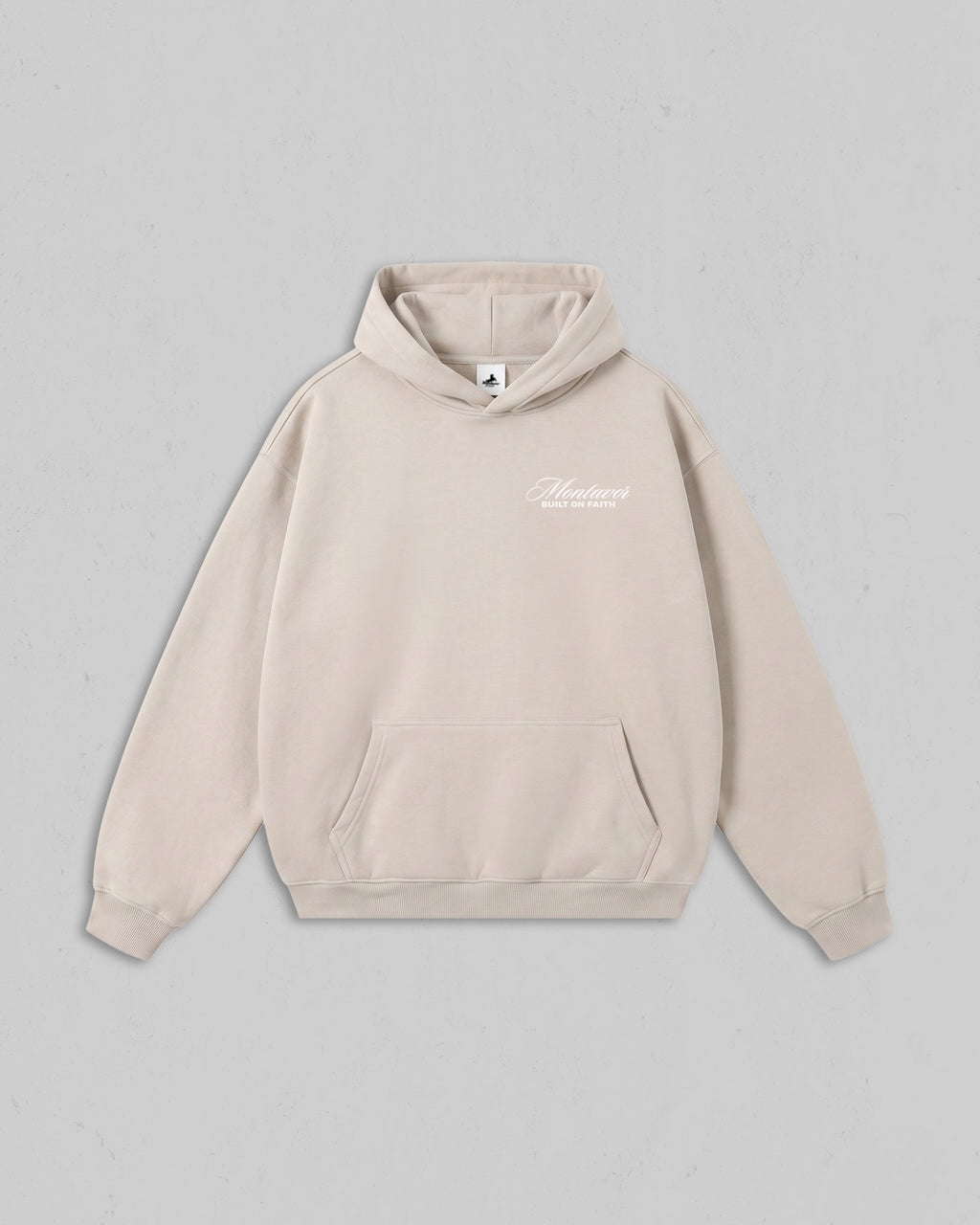 Front view of women’s Beige Christ Is King hoodie with bold white Christian 