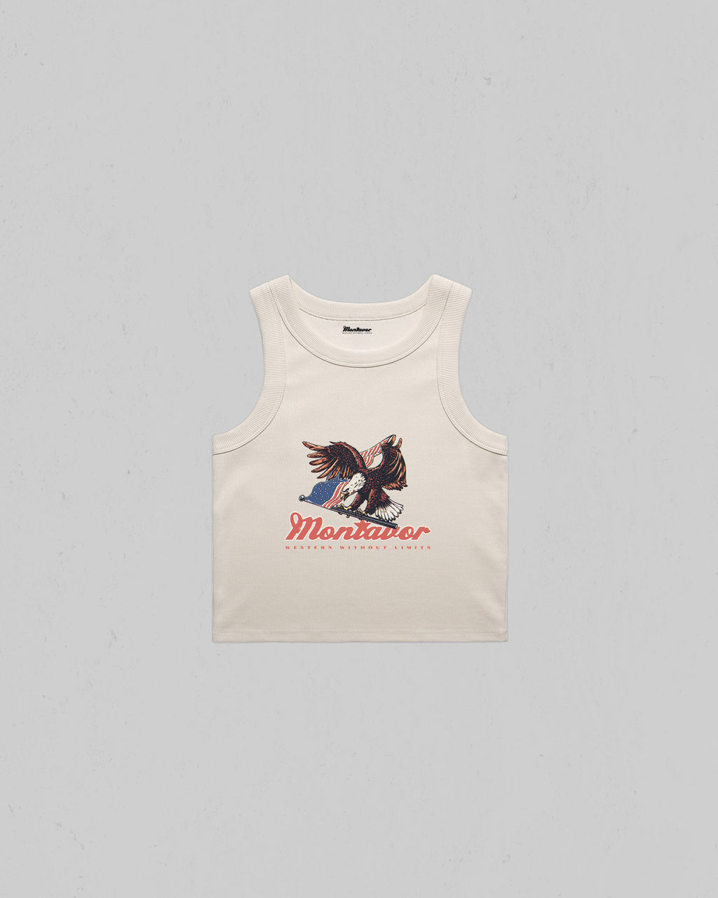 Montavor Eagle Organic Crop Tank Top featuring a vintage Americana eagle graphic on the front.