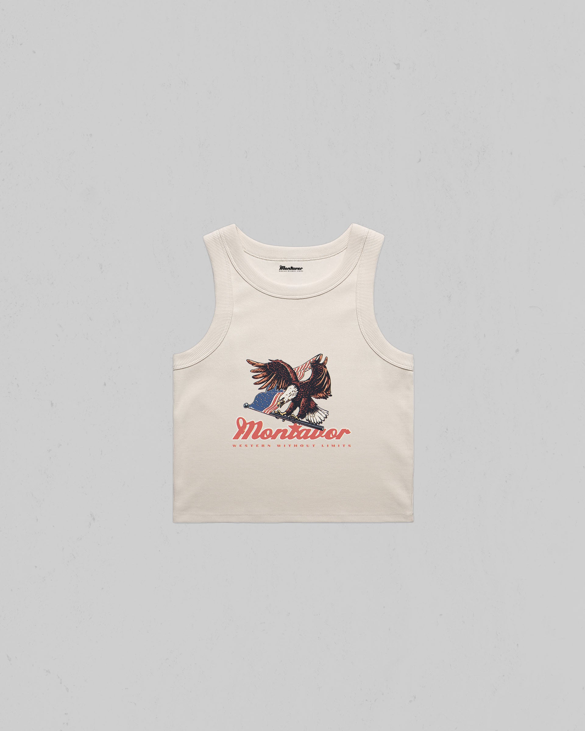 Montavor Eagle Organic Crop Tank Top featuring a vintage Americana eagle graphic on the front.