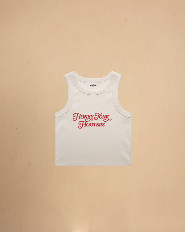 Women’s Honky Tonk Hooters organic crop tank top featuring vintage western typography, premium ribbed construction, and a flattering slim cropped fit.