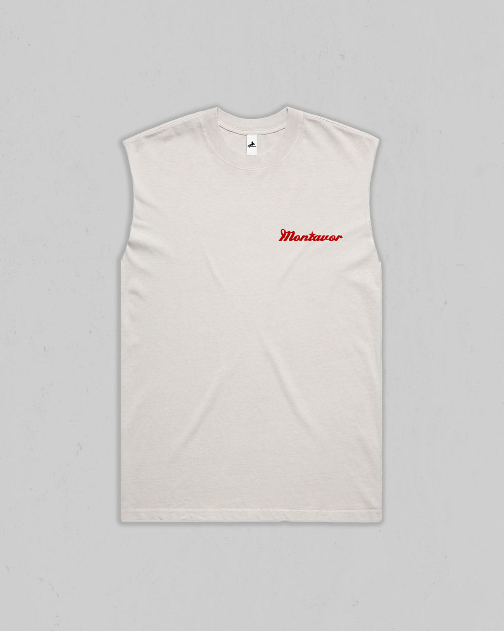 A sleeveless white t-shirt with a small red 'Montavor' logo printed on the left chest, displayed flat against a light gray background.