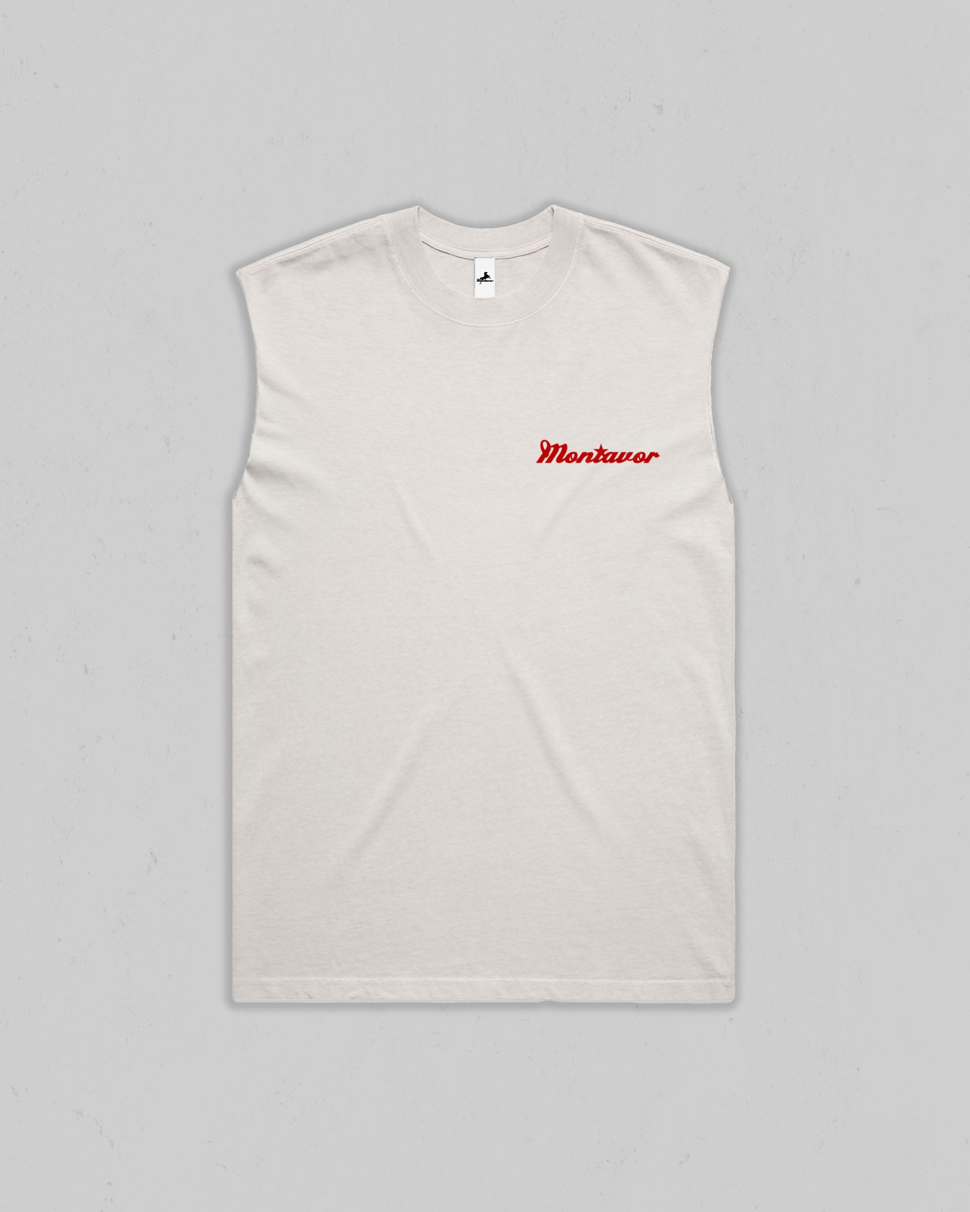 A sleeveless white t-shirt with a small red 'Montavor' logo printed on the left chest, displayed flat against a light gray background.