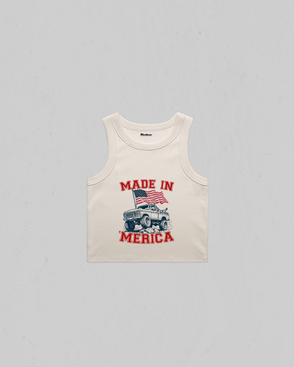 Bone Color Made in Merica organic crop tank top with American flag and off-road pickup truck graphic