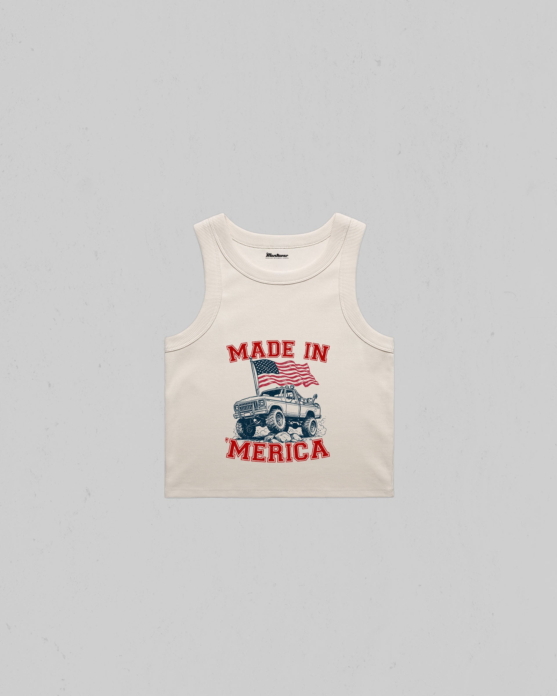 Bone Color Made in Merica organic crop tank top with American flag and off-road pickup truck graphic