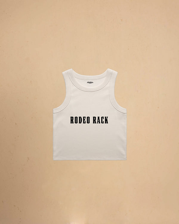 Rodeo Rack organic crop tank top by Montavor featuring bold western typography on a premium ribbed cropped tank.