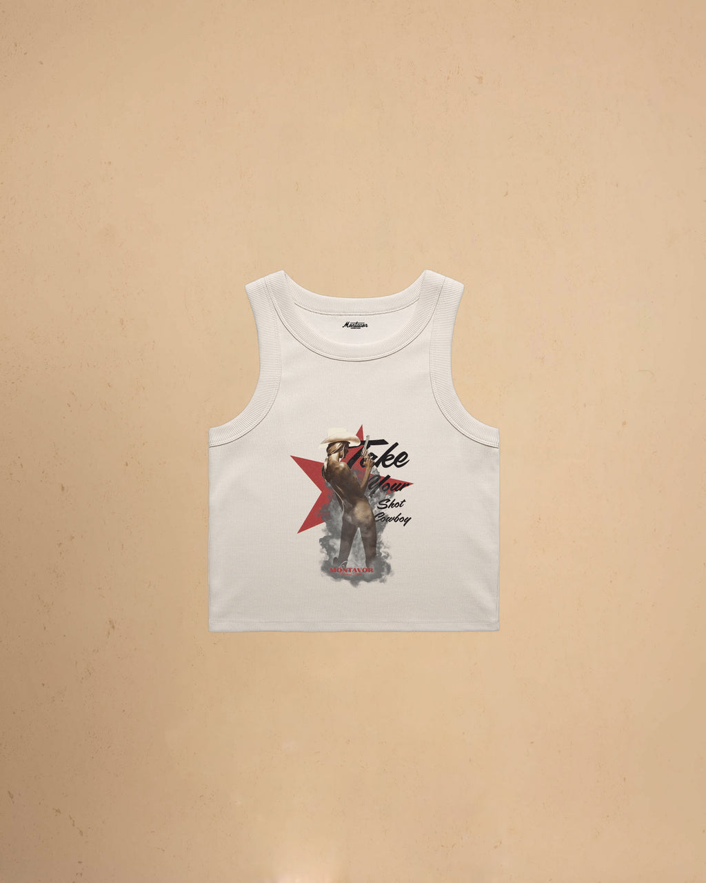 Take Your Shot Cowboy organic rib crop tank featuring a western cowgirl graphic with smoke effects and vintage western styling.