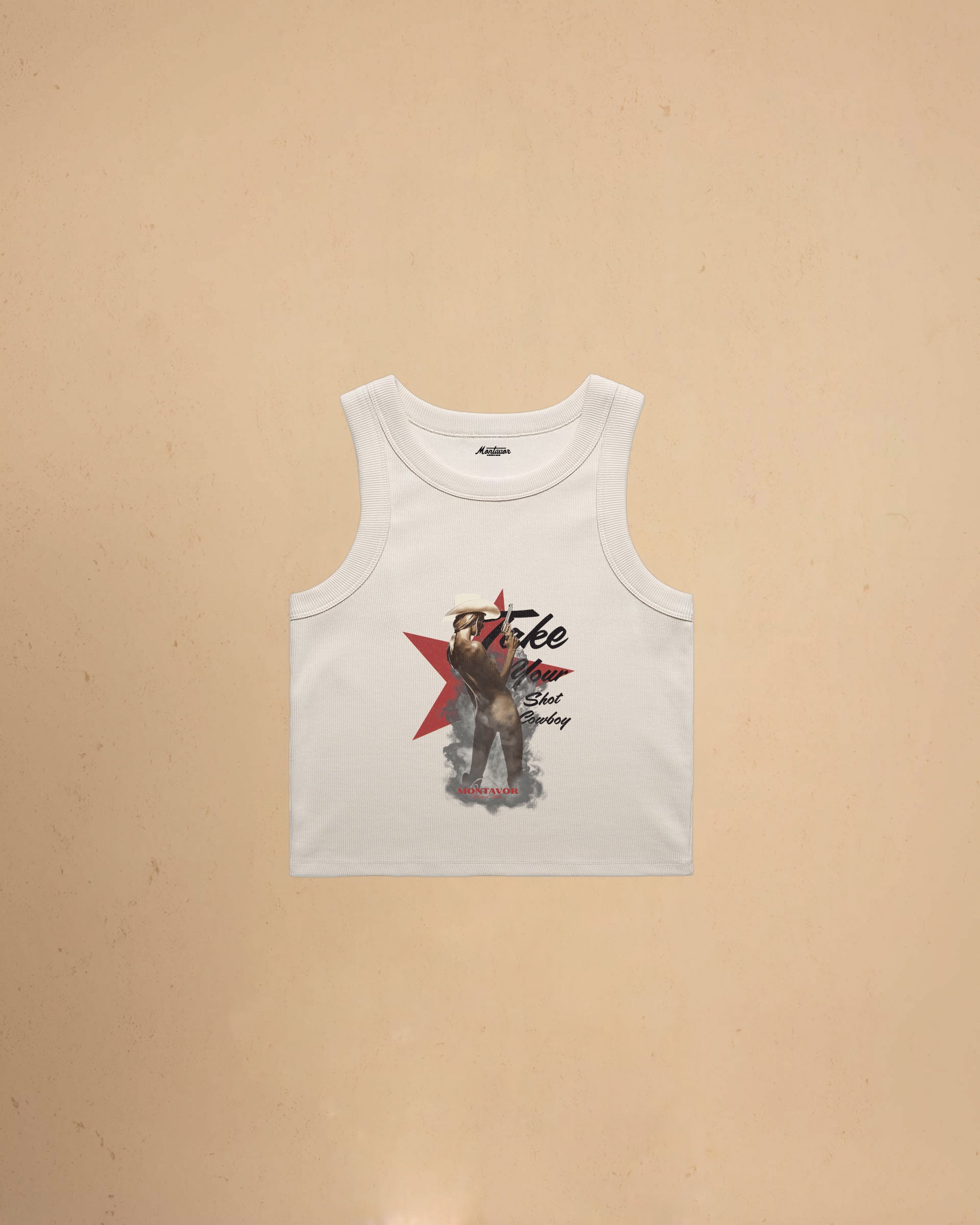 Take Your Shot Cowboy organic rib crop tank featuring a western cowgirl graphic with smoke effects and vintage western styling.