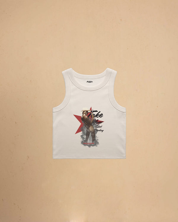 Take Your Shot Cowboy organic rib crop tank featuring a western cowgirl graphic with smoke effects and vintage western styling.