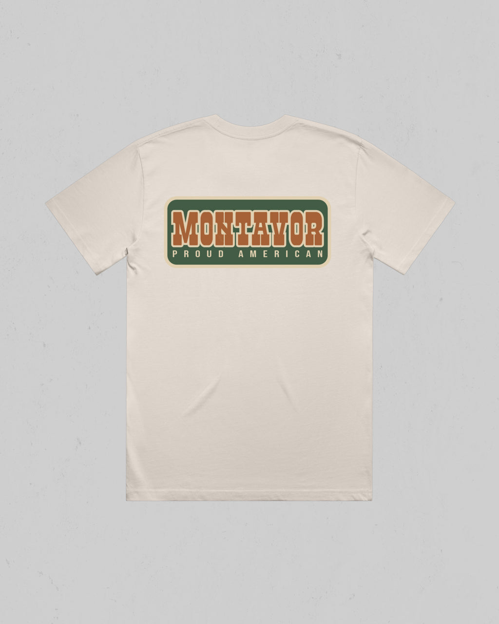 Back view of the bone Montavor Proud American T-Shirt with a large retro Montavor Proud American graphic.