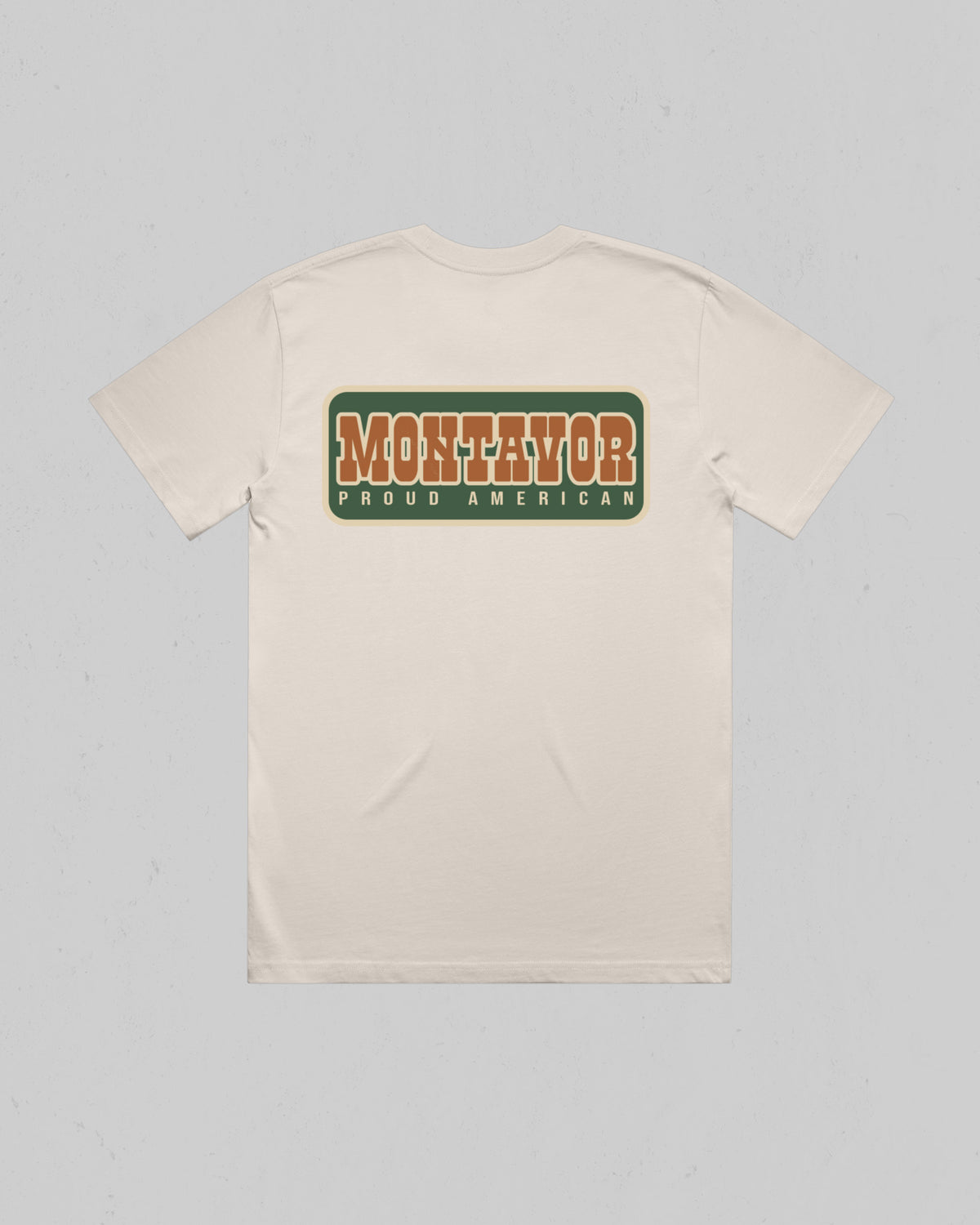Back view of the bone Montavor Proud American T-Shirt with a large retro Montavor Proud American graphic.