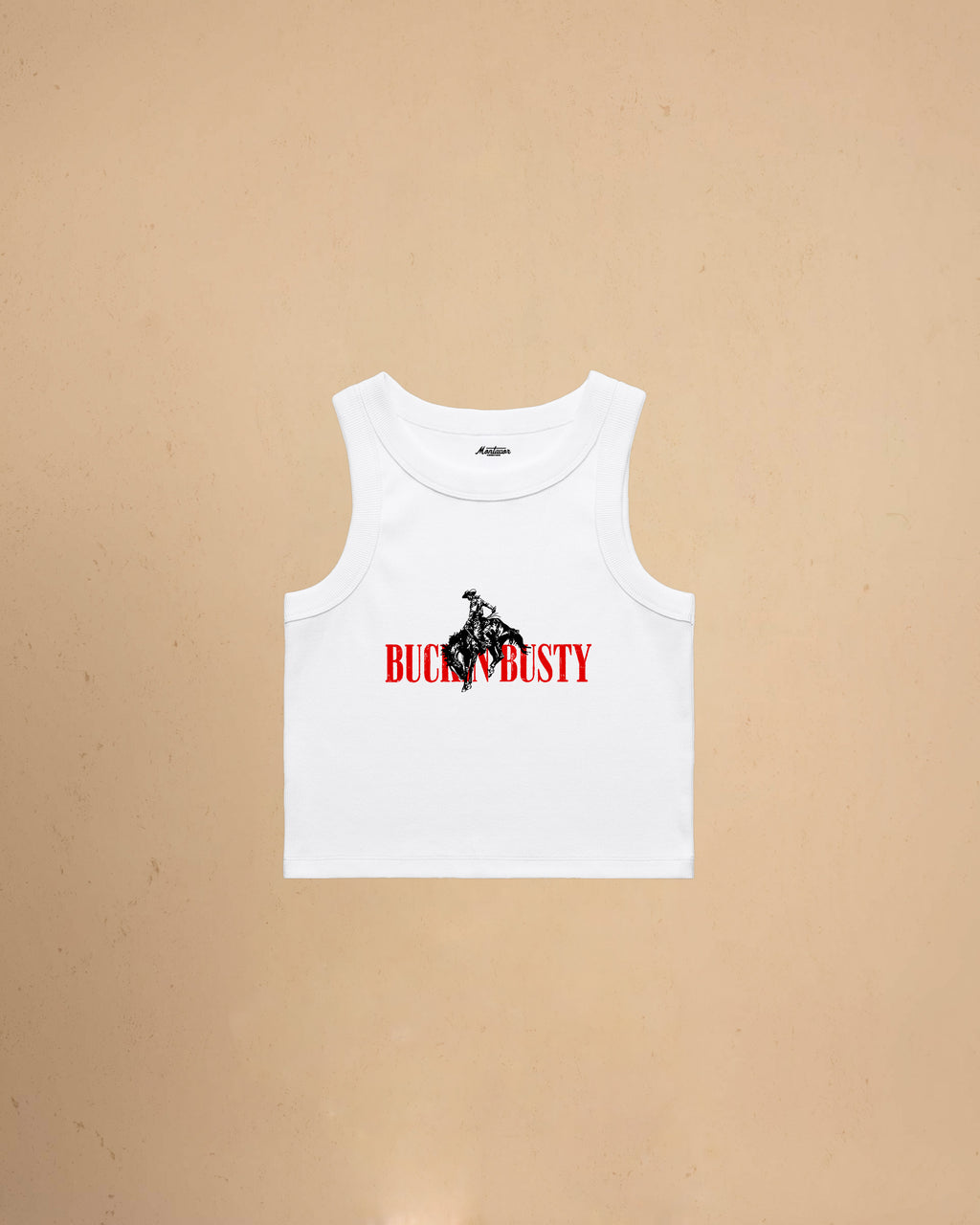 White women’s cropped western tank top featuring Buckin’ Busty rodeo graphic by Montavor