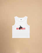 White women’s cropped western tank top featuring Buckin’ Busty rodeo graphic by Montavor