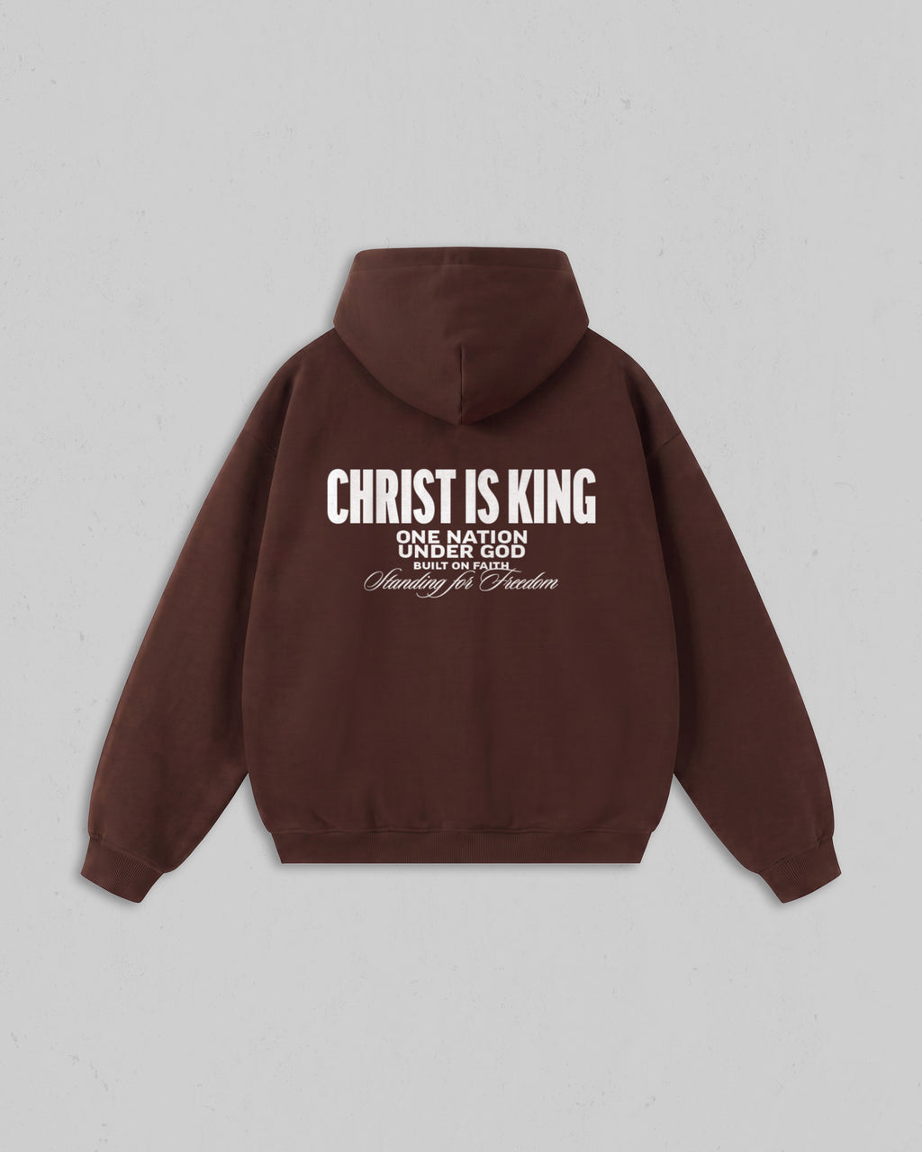 Back view of women’s Brown Christ Is King hoodie with bold white Christian 