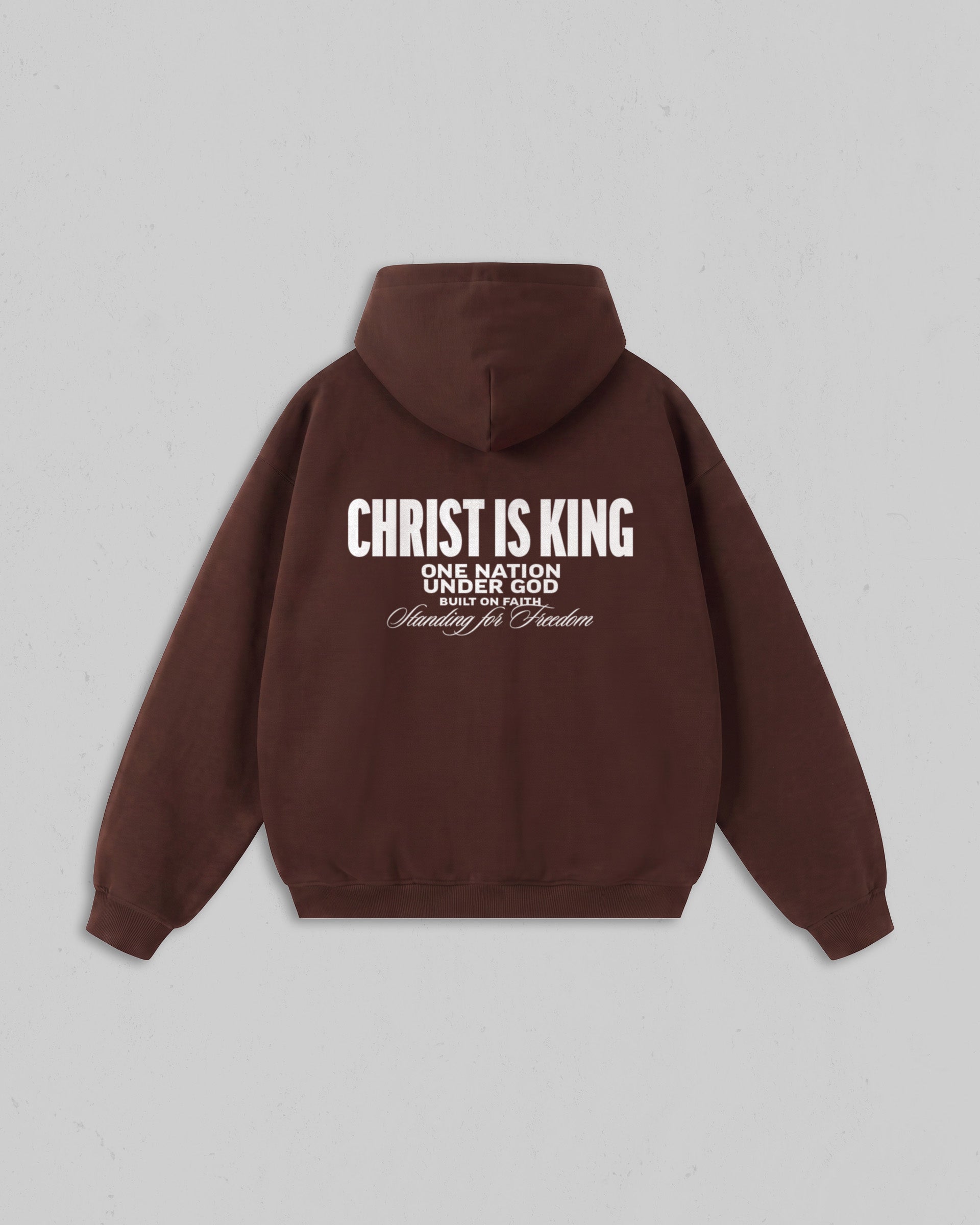 Back view of women’s Brown Christ Is King hoodie with bold white Christian 