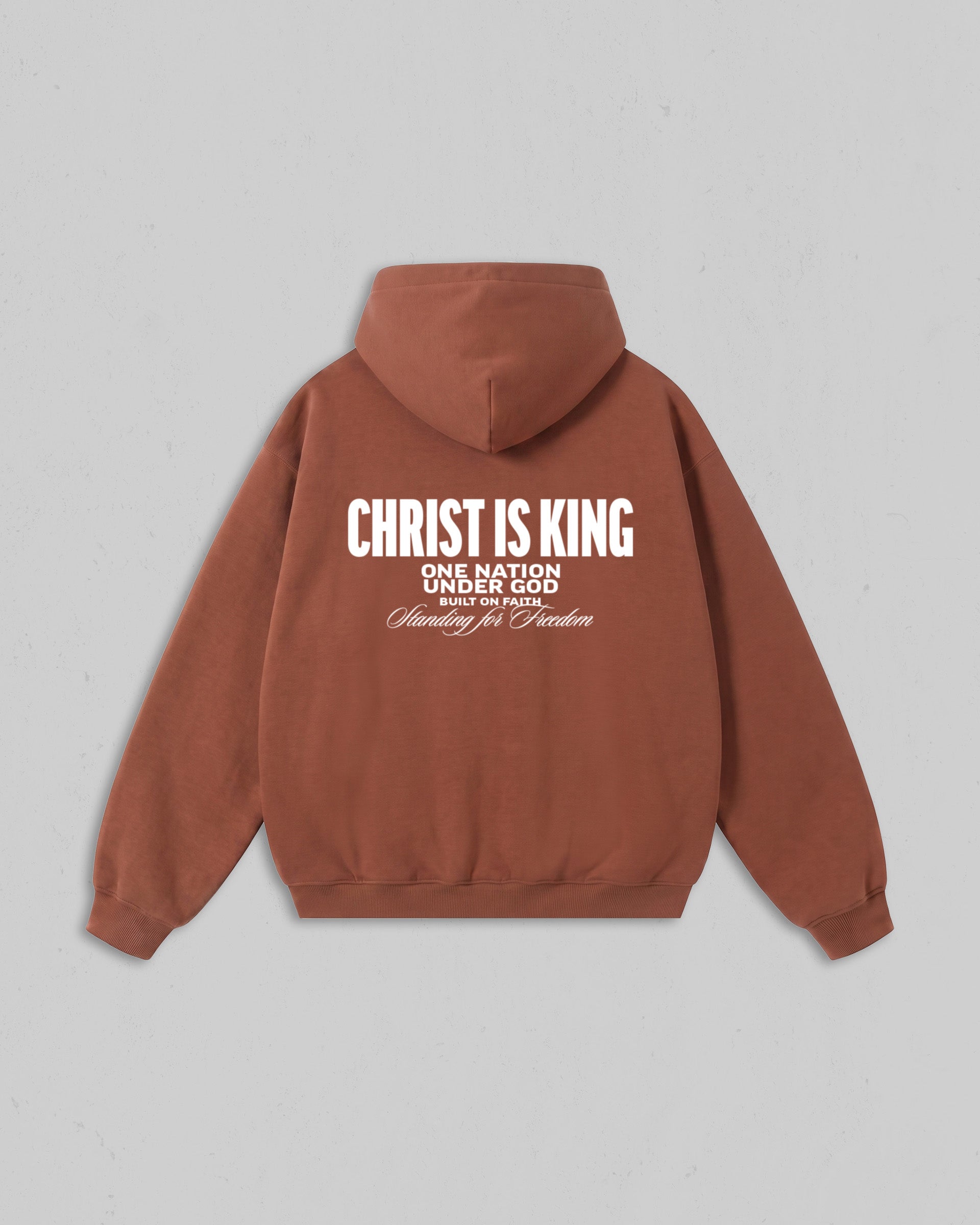 Back view of women’s Clay Christ Is King hoodie with bold white Christian 