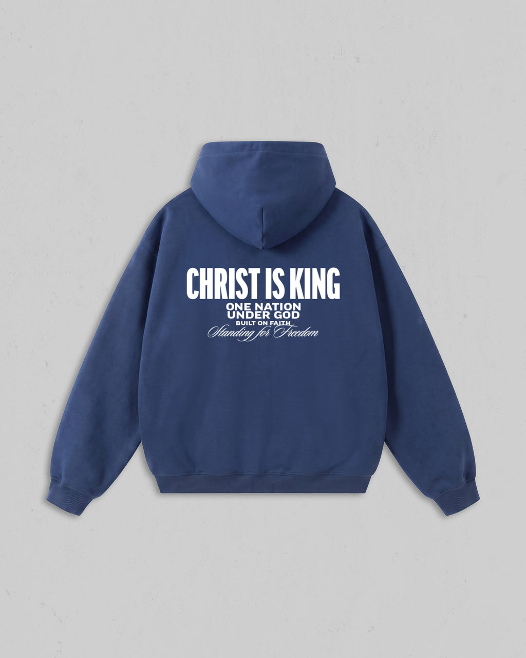 Back view of women’s Blue Christ Is King hoodie with bold white Christian 