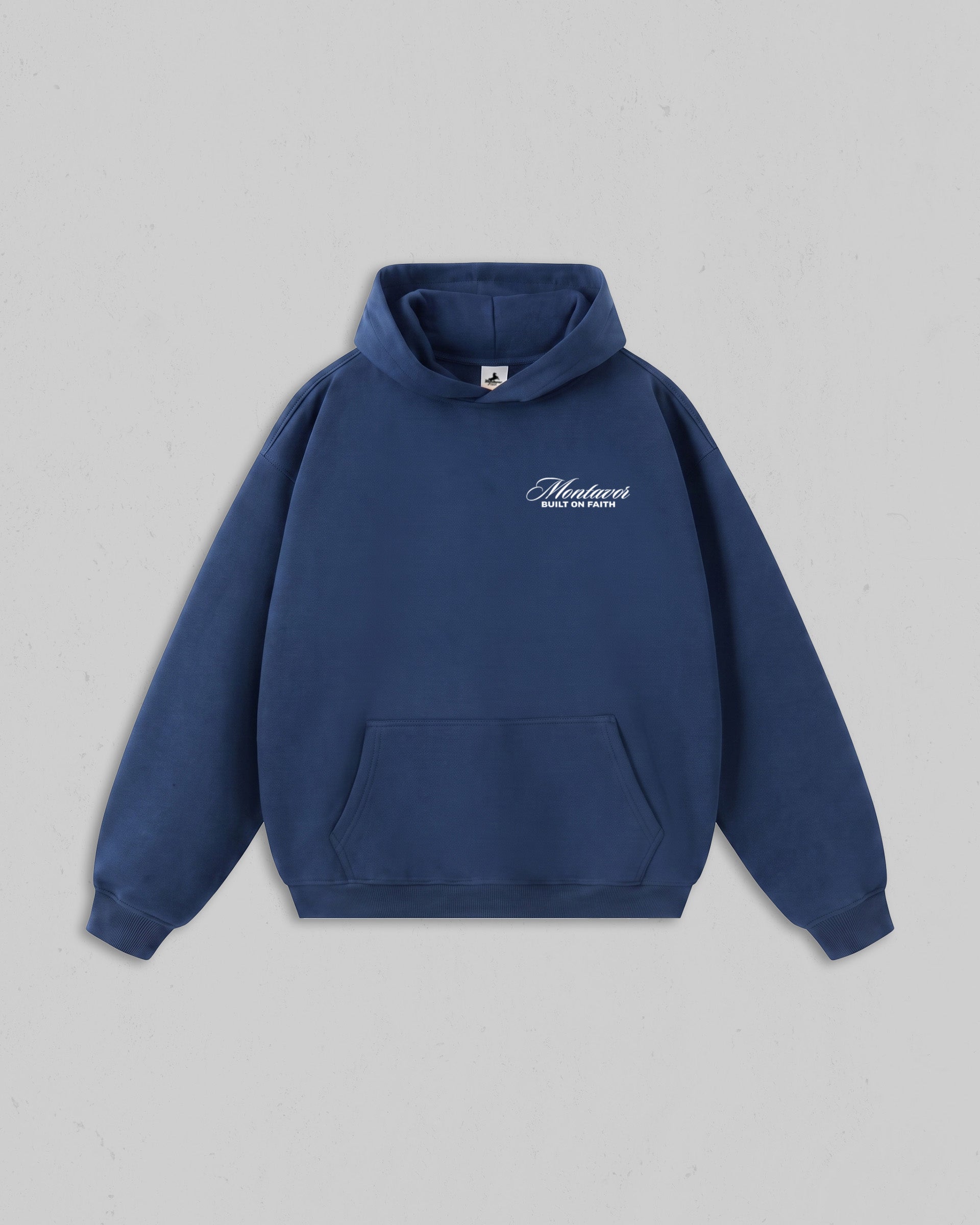Front view of women’s Blue Christ Is King hoodie with bold white Christian 