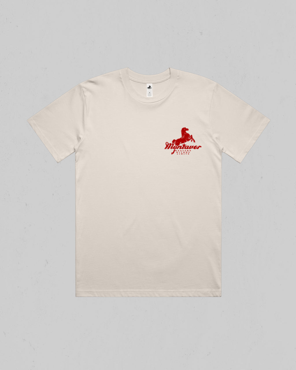 A cream-colored short-sleeve crewneck t-shirt with a red graphic of a horse and the text 'MONTAVOR' on the left chest, displayed flat against a light gray background.