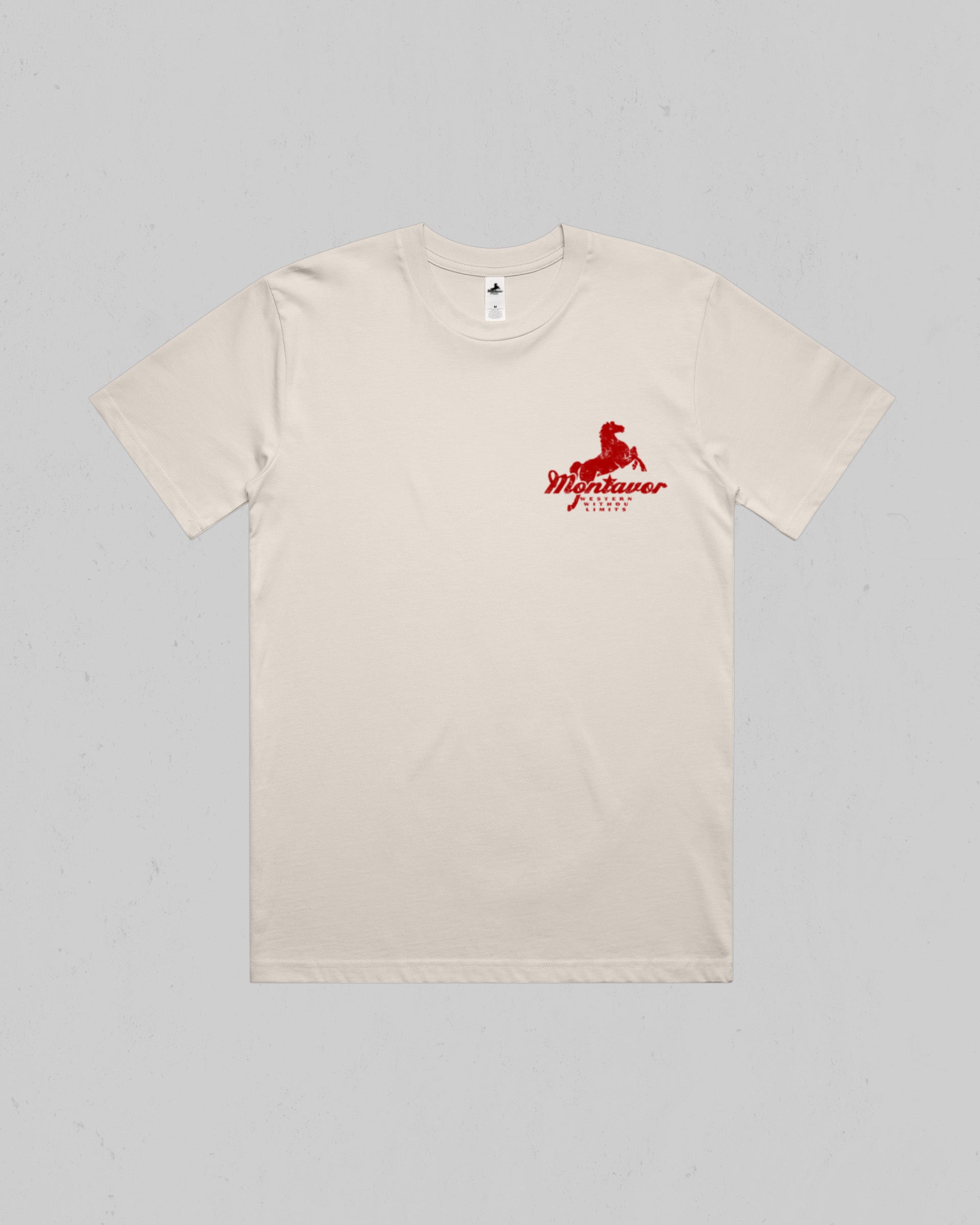 A cream-colored short-sleeve crewneck t-shirt with a red graphic of a horse and the text 'MONTAVOR' on the left chest, displayed flat against a light gray background.