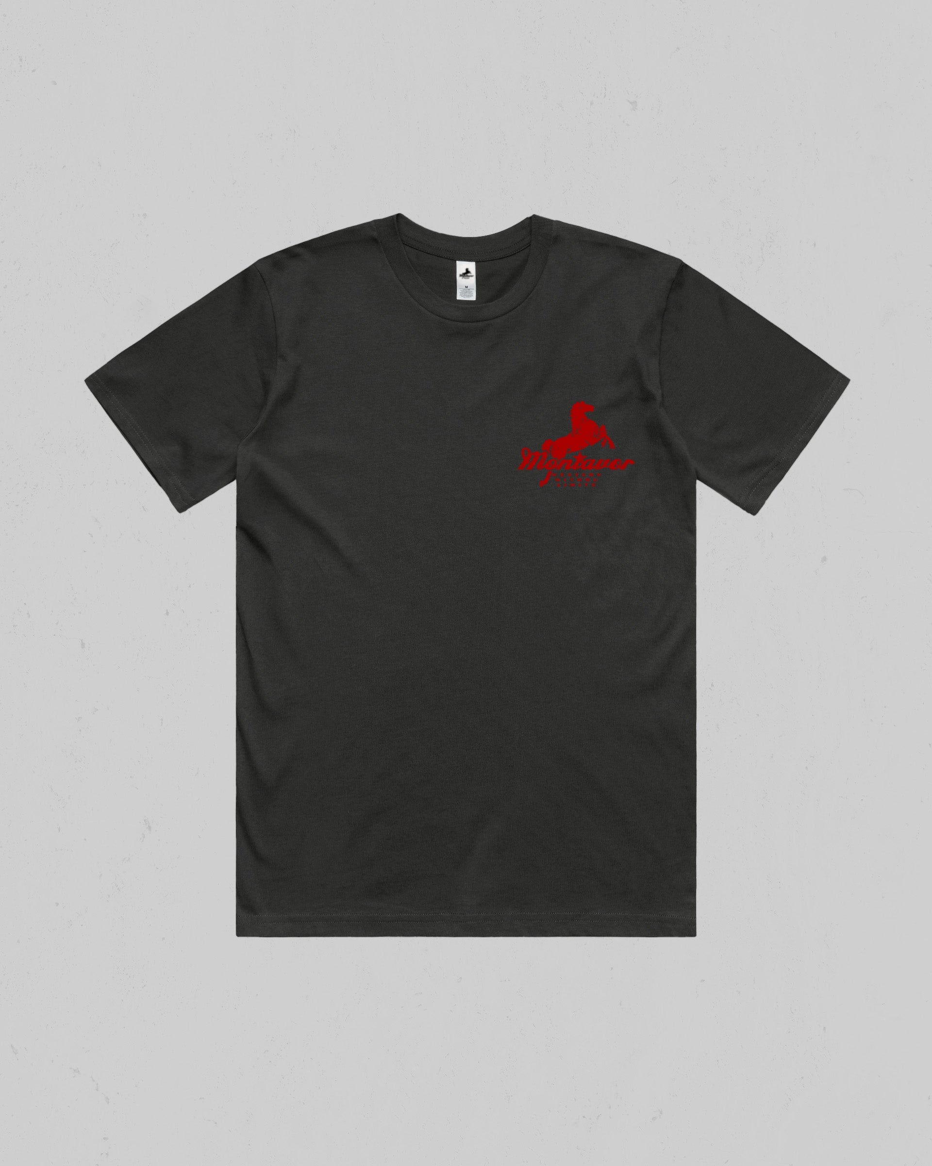 A black short-sleeve crewneck t-shirt with a small red graphic on the left chest, displayed flat against a light gray background.