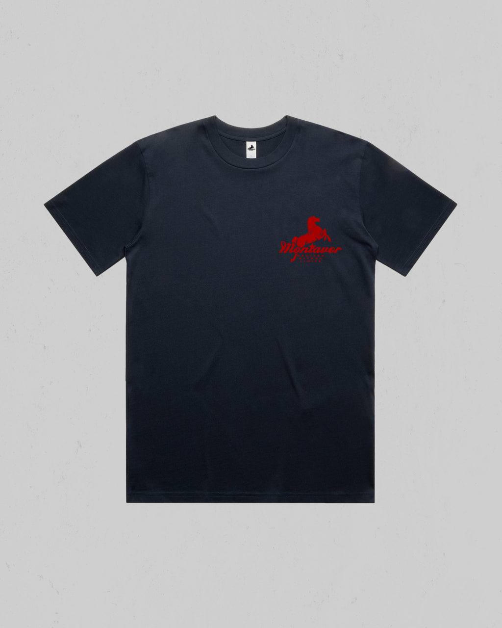 A dark navy blue short-sleeve crewneck t-shirt with a small red embroidered logo on the left chest, displayed flat against a light gray background.
