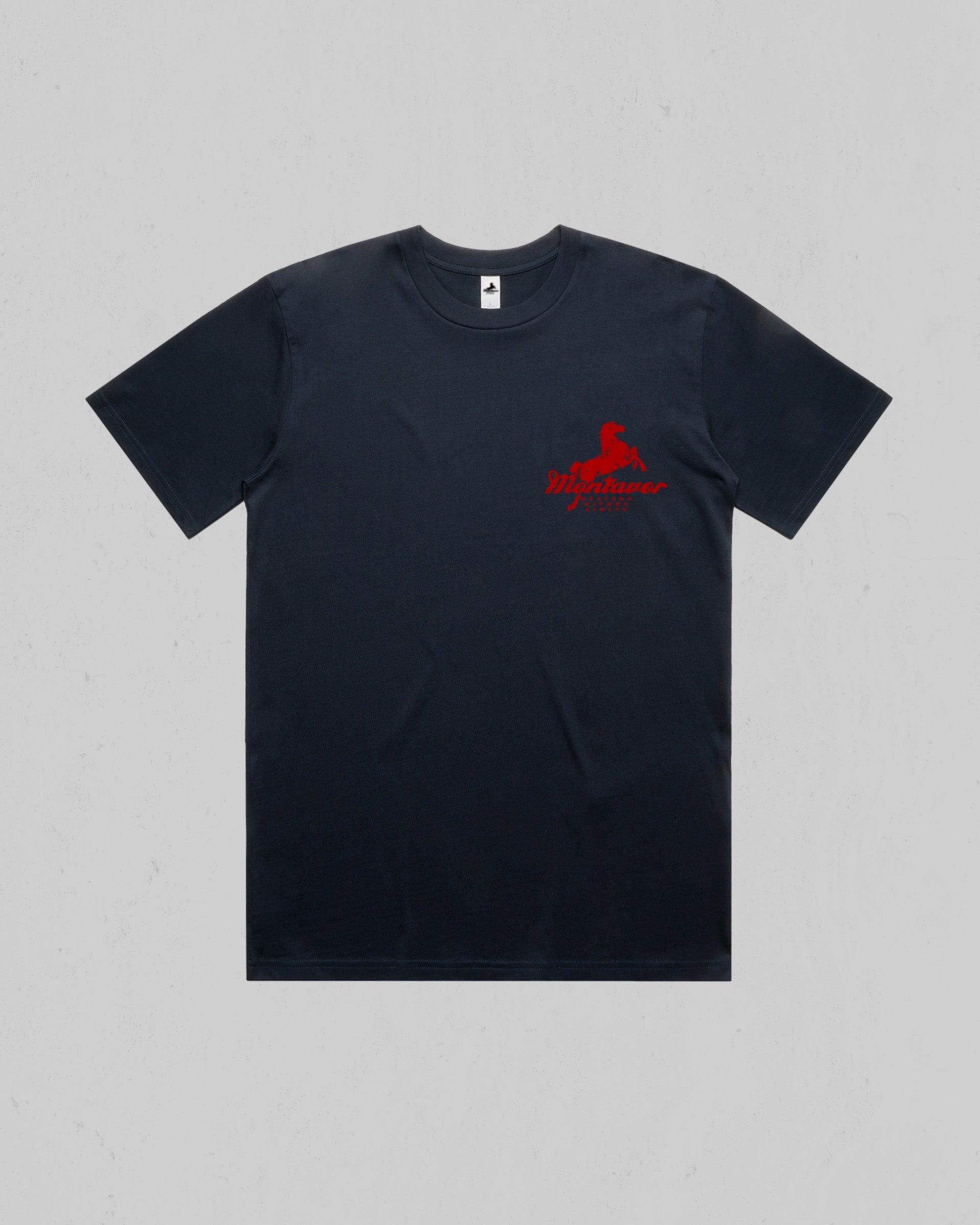 A dark navy blue short-sleeve crewneck t-shirt with a small red embroidered logo on the left chest, displayed flat against a light gray background.