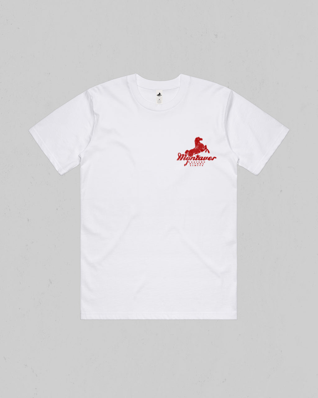 A white short-sleeve crewneck t-shirt with a red graphic on the left chest featuring a horse and the text 'Montavor', displayed flat against a light gray background.