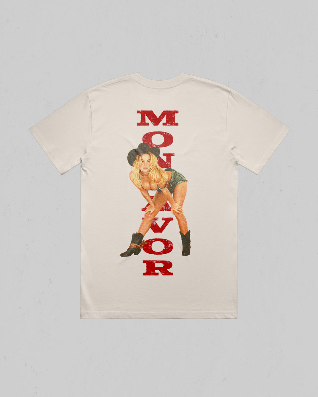 Back view of Bone Montavor heavyweight T-shirt featuring an oversized vintage cowgirl graphic and red vertical lettering