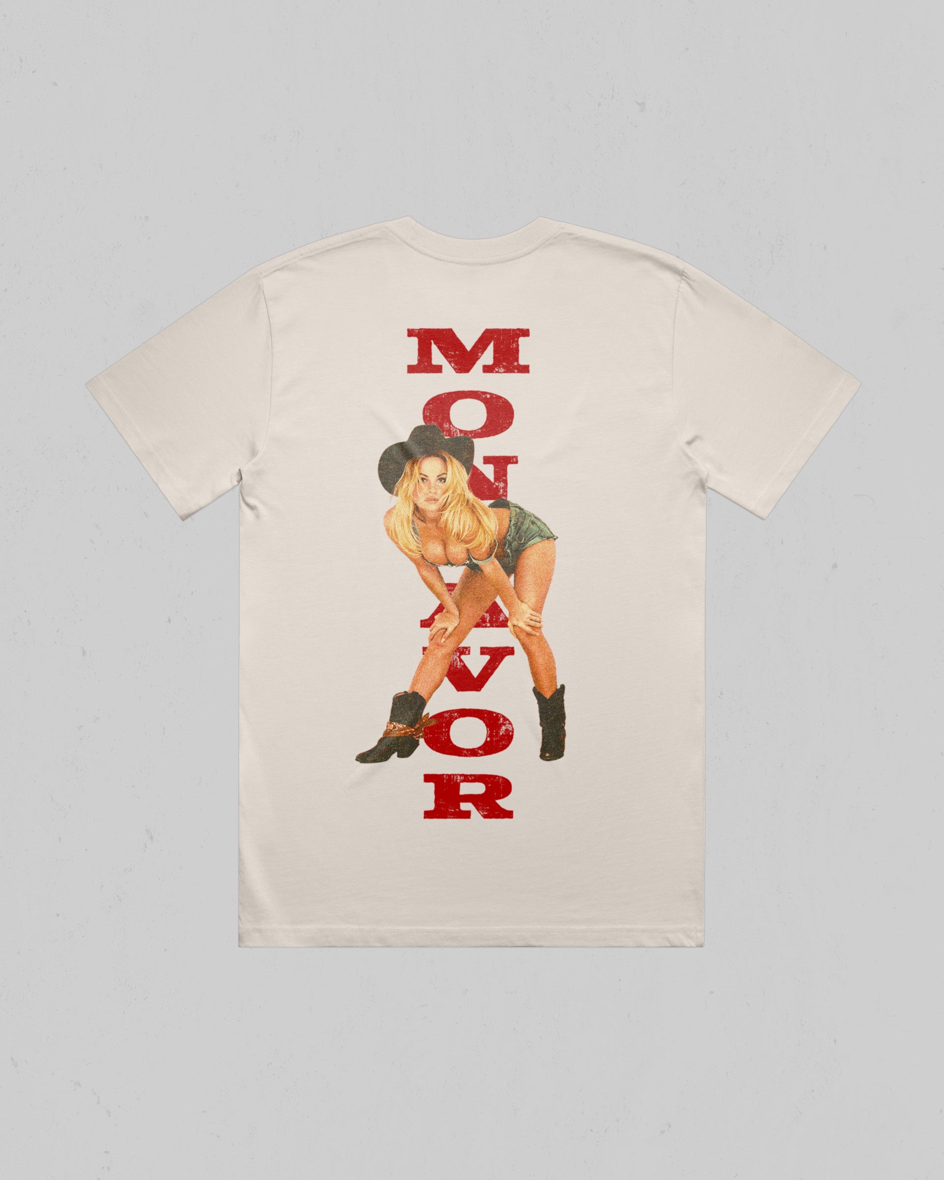 Back view of Bone Montavor heavyweight T-shirt featuring an oversized vintage cowgirl graphic and red vertical lettering
