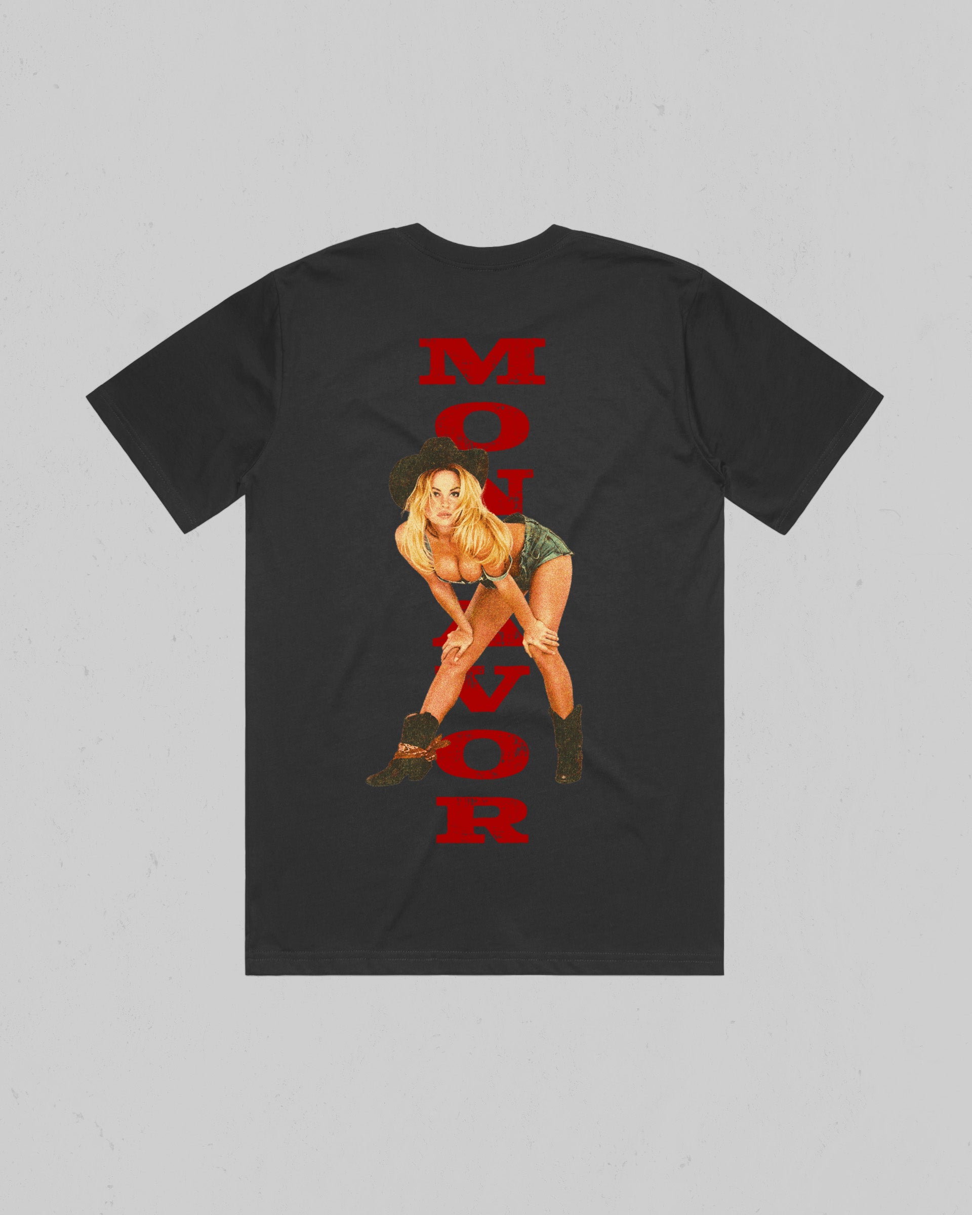 Back view of Coal Montavor heavyweight T-shirt featuring an oversized vintage cowgirl graphic and red vertical lettering