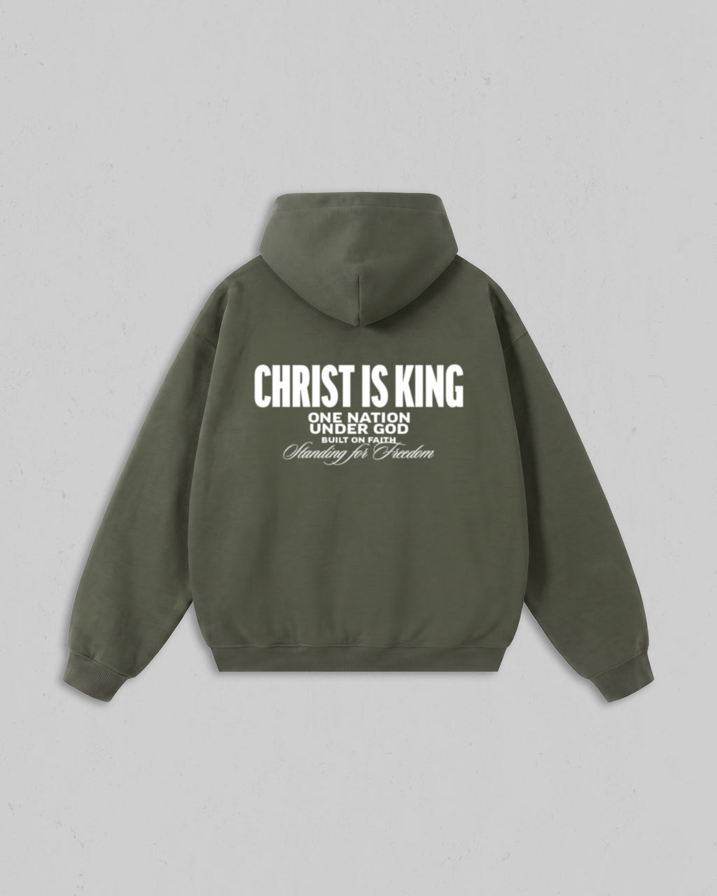 Back view of women’s Green Christ Is King hoodie with bold white Christian 