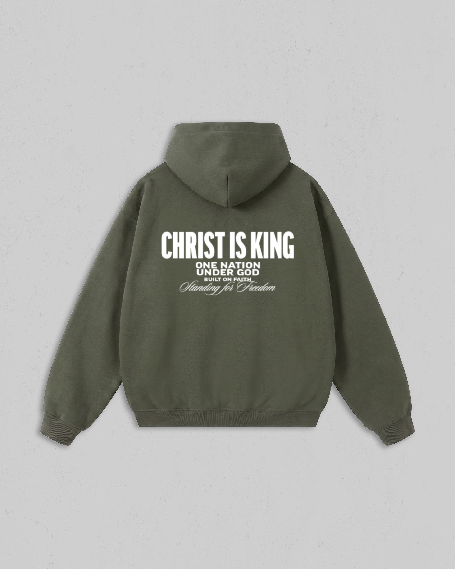 Back view of women’s Green Christ Is King hoodie with bold white Christian 