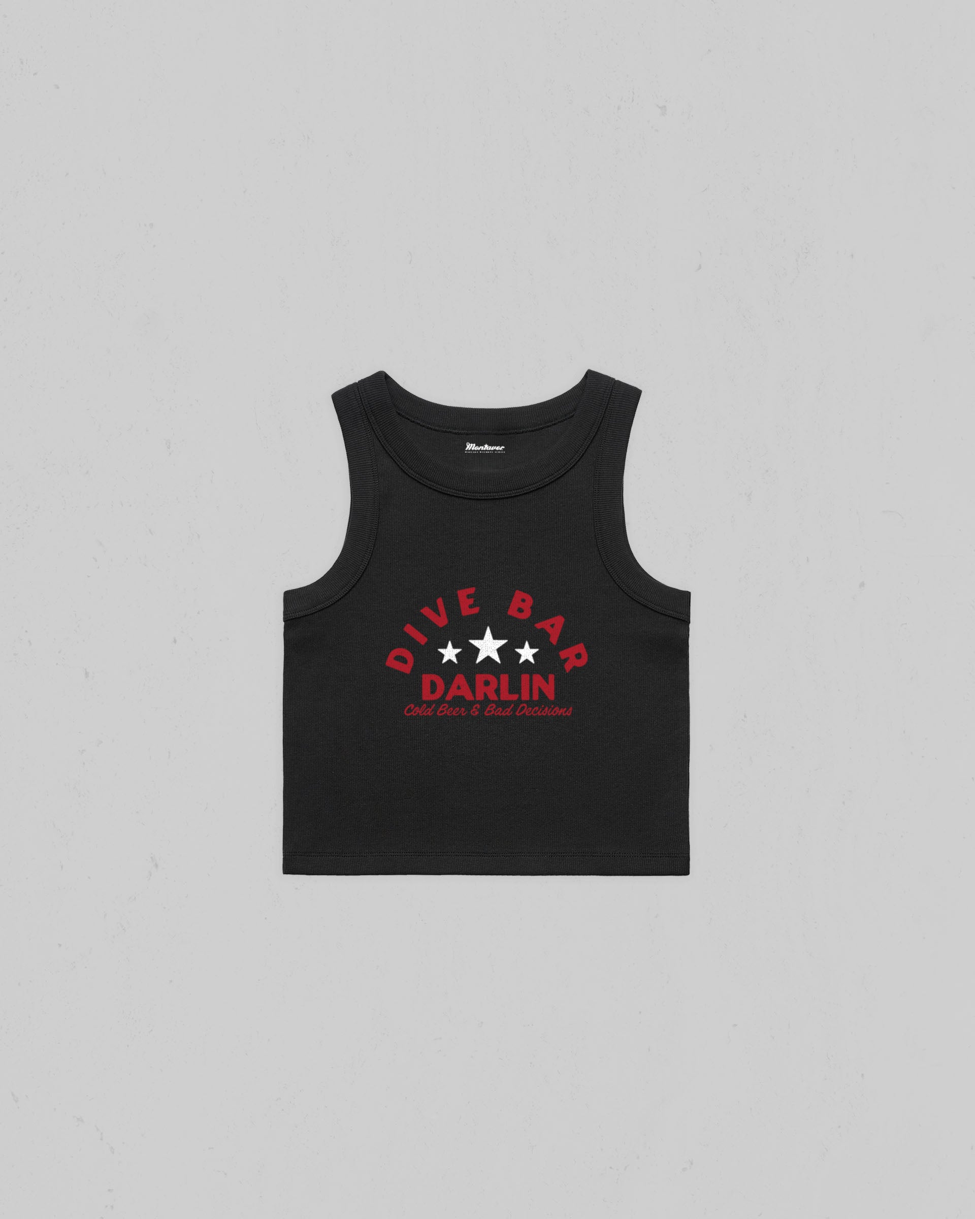 Dive Bar Darlin organic crop tank top featuring a vintage western inspired graphic with Cold Beer & Bad Decisions slogan.
