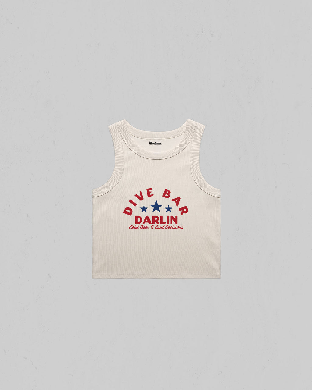 Dive Bar Darlin organic crop tank top featuring a vintage western inspired graphic with Cold Beer & Bad Decisions slogan.