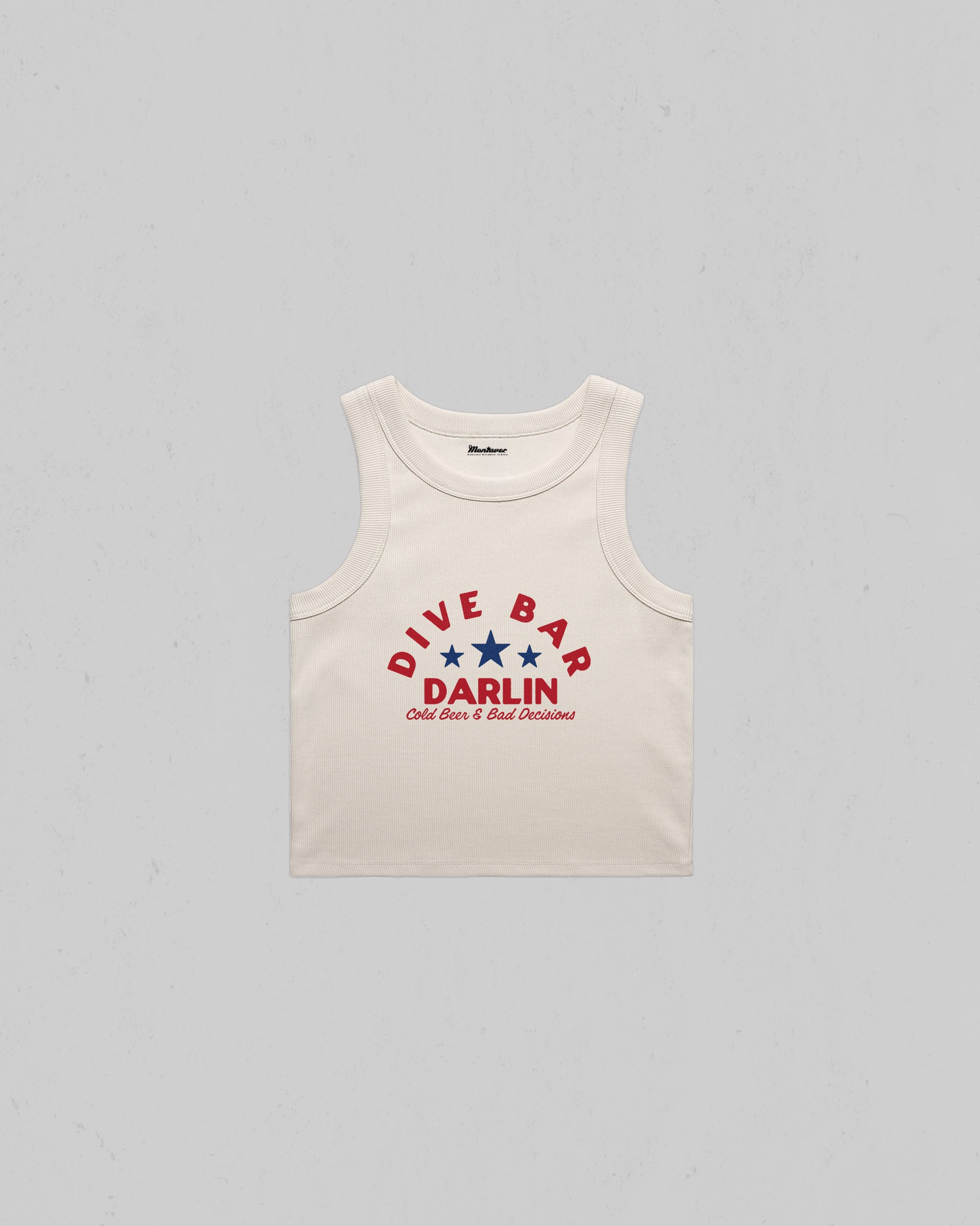Dive Bar Darlin organic crop tank top featuring a vintage western inspired graphic with Cold Beer & Bad Decisions slogan.