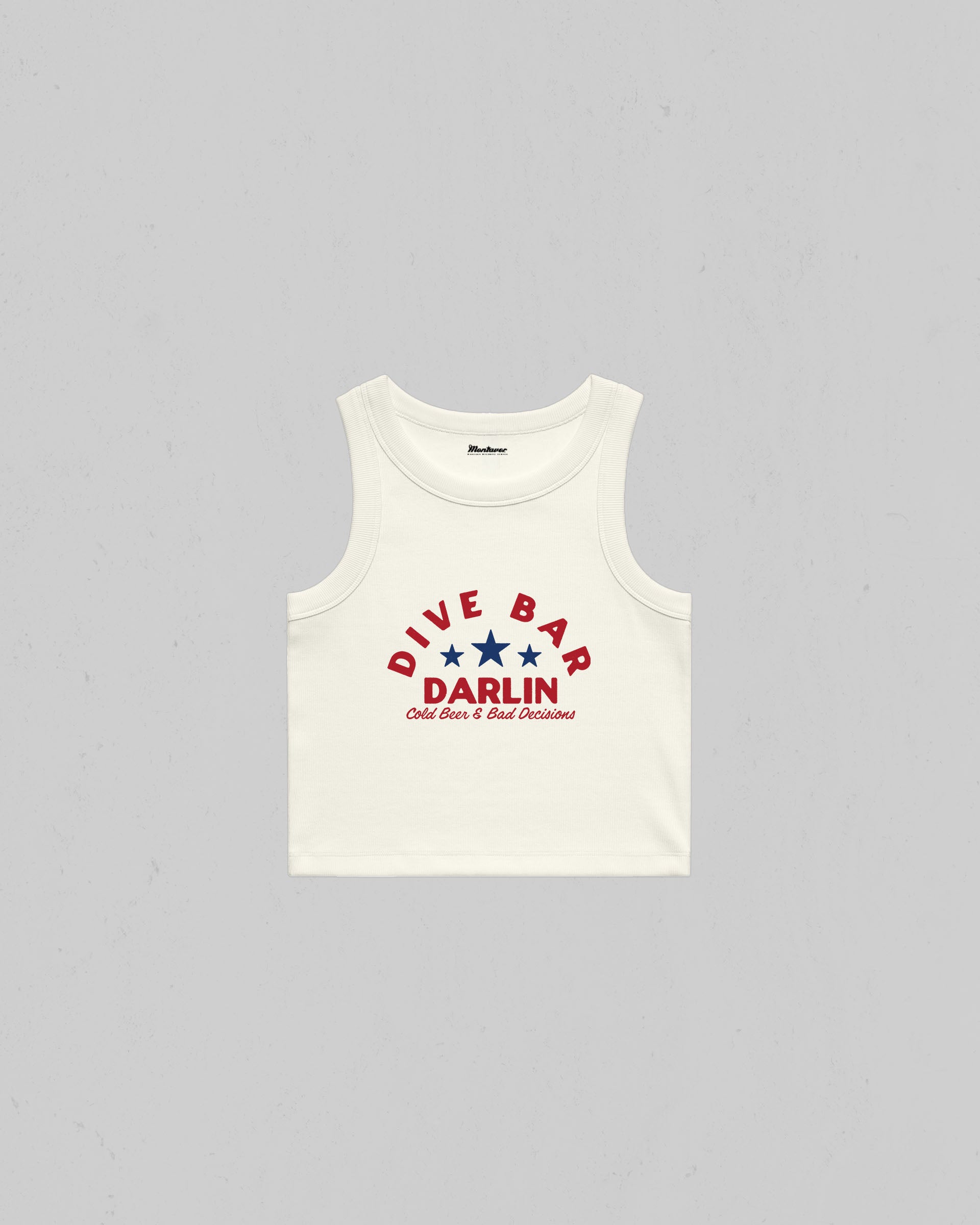 Dive Bar Darlin organic crop tank top featuring a vintage western inspired graphic with Cold Beer & Bad Decisions slogan.