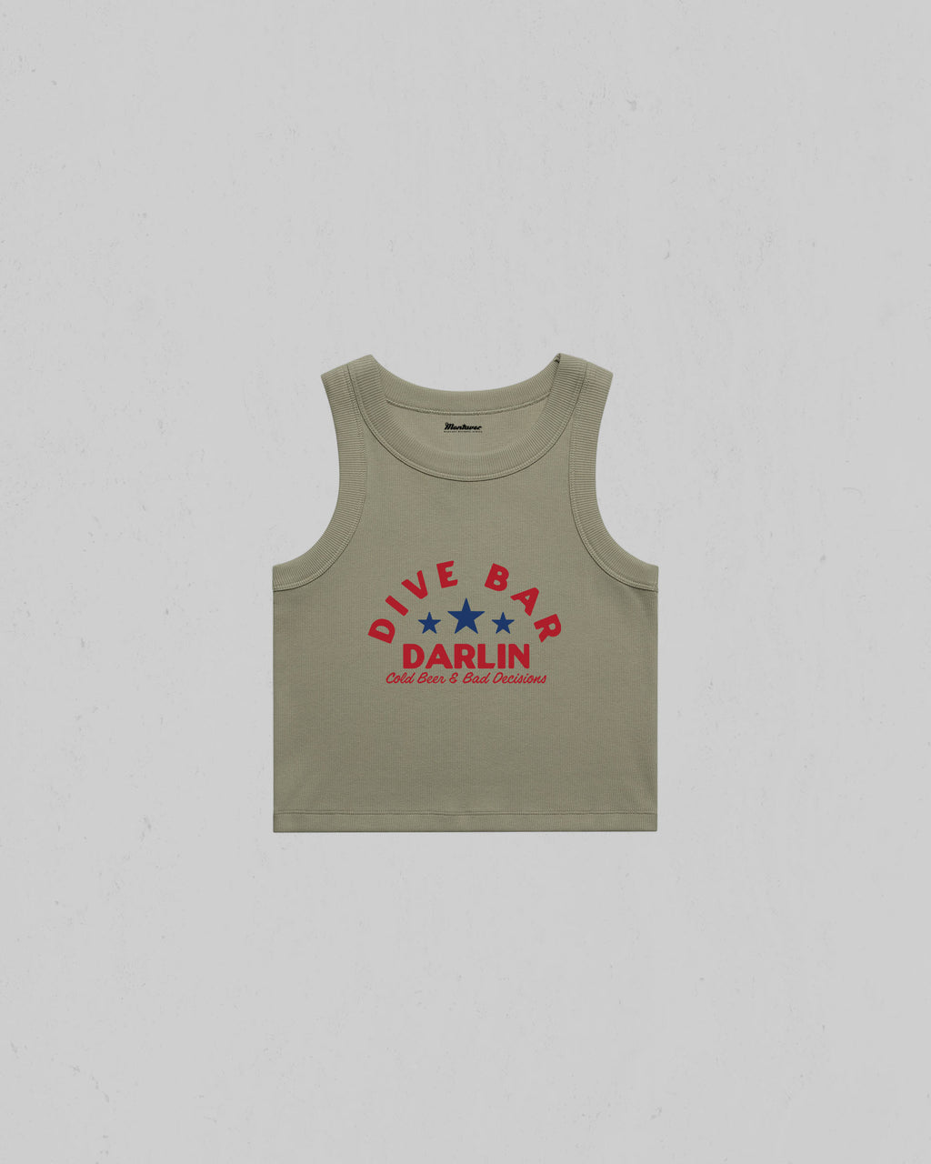 Dive Bar Darlin organic crop tank top featuring a vintage western inspired graphic with Cold Beer & Bad Decisions slogan.