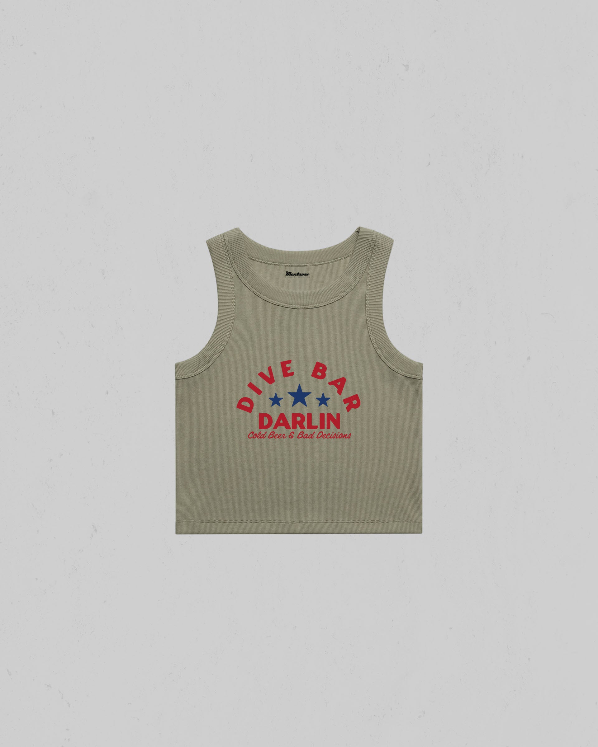 Dive Bar Darlin organic crop tank top featuring a vintage western inspired graphic with Cold Beer & Bad Decisions slogan.