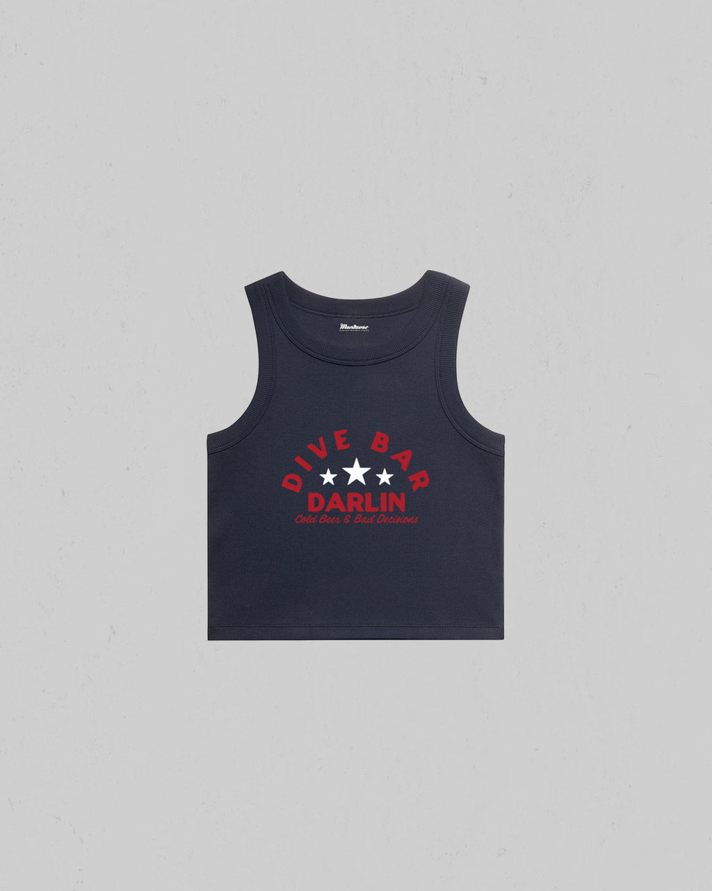Dive Bar Darlin organic crop tank top featuring a vintage western inspired graphic with Cold Beer & Bad Decisions slogan.