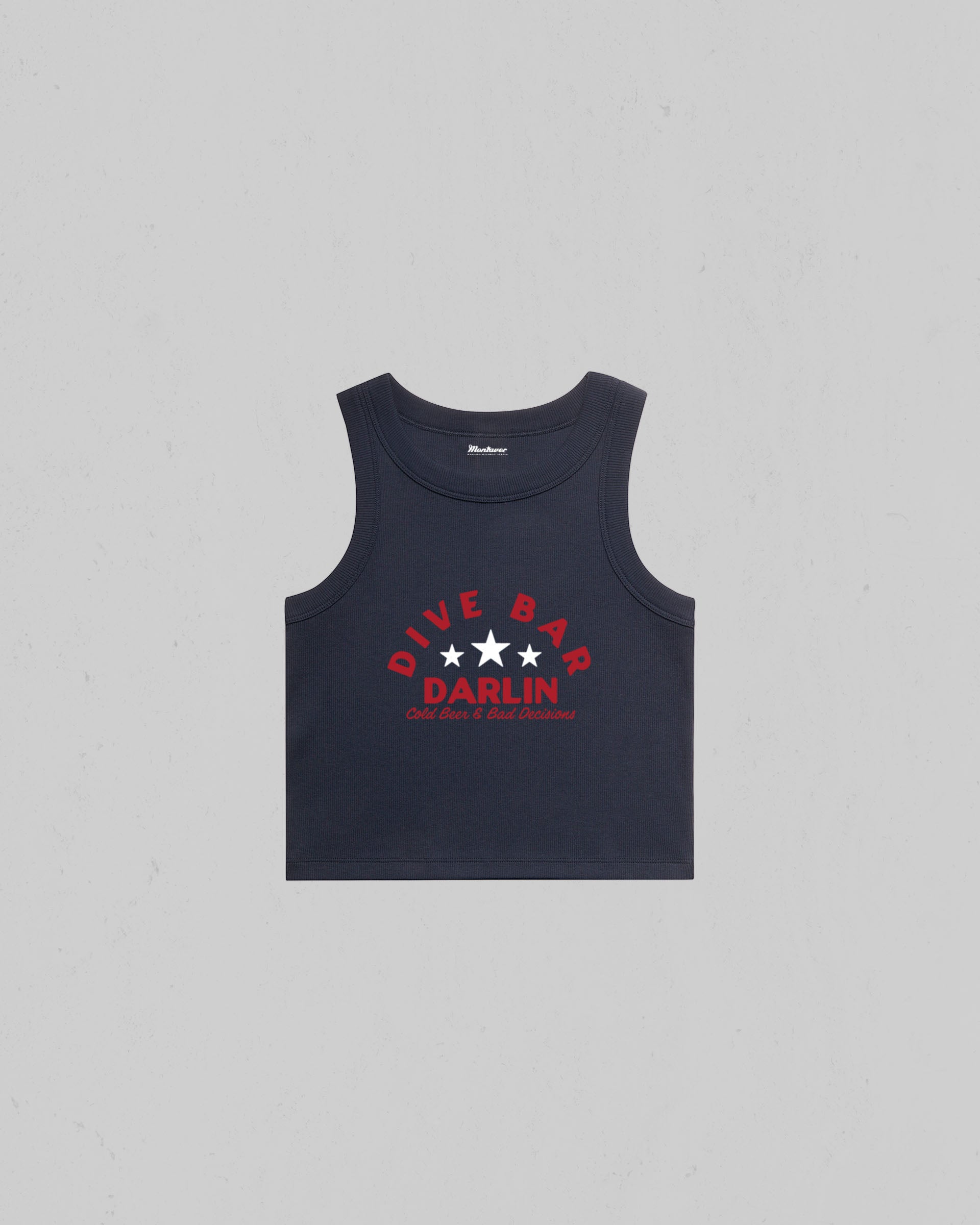 Dive Bar Darlin organic crop tank top featuring a vintage western inspired graphic with Cold Beer & Bad Decisions slogan.