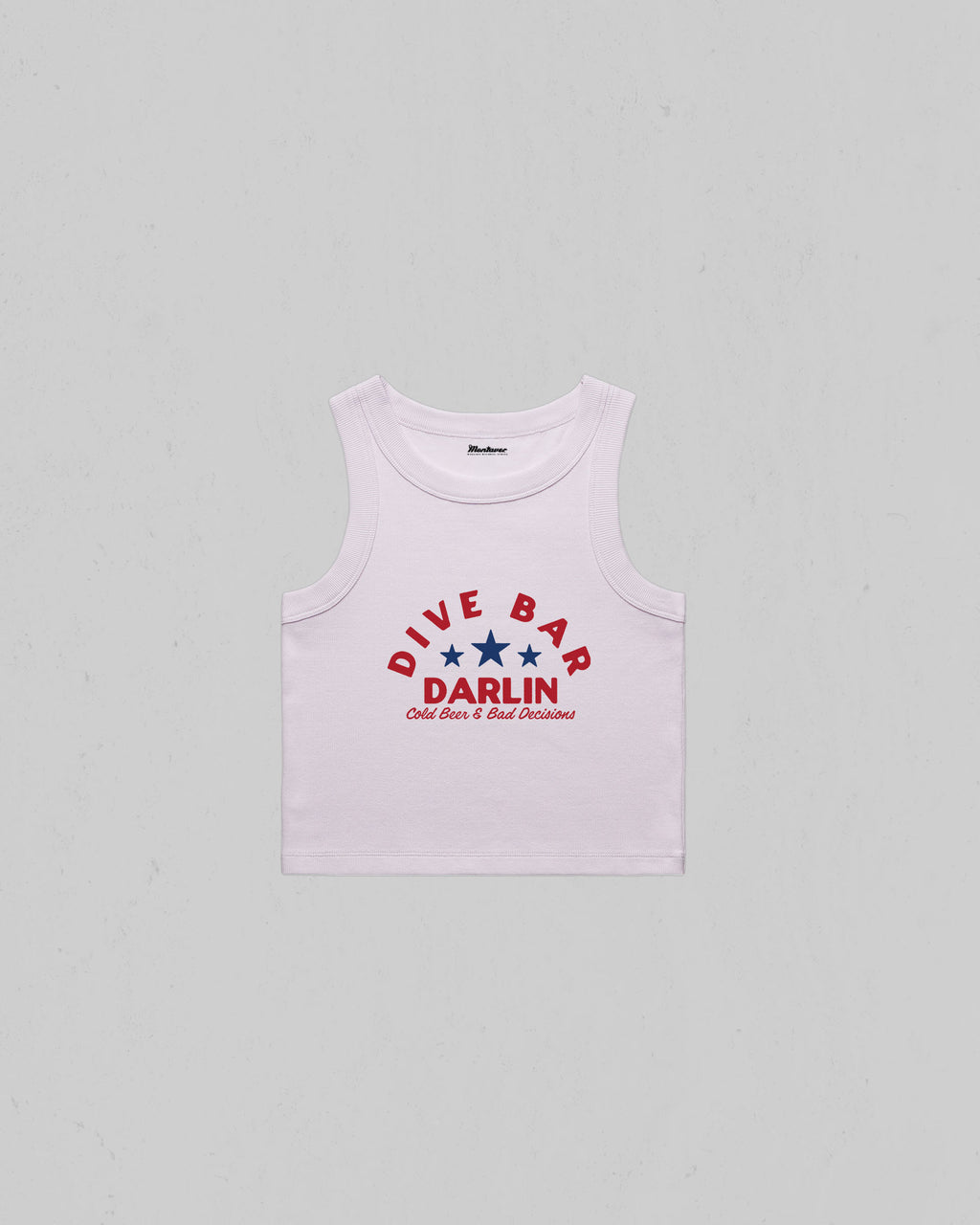 Dive Bar Darlin organic crop tank top featuring a vintage western inspired graphic with Cold Beer & Bad Decisions slogan.