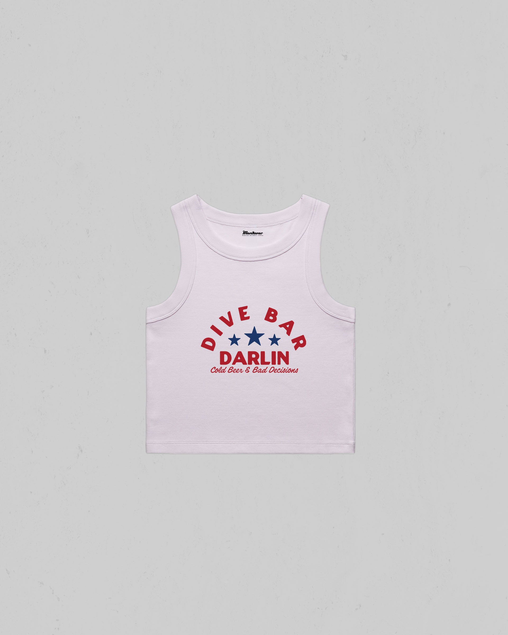 Dive Bar Darlin organic crop tank top featuring a vintage western inspired graphic with Cold Beer & Bad Decisions slogan.